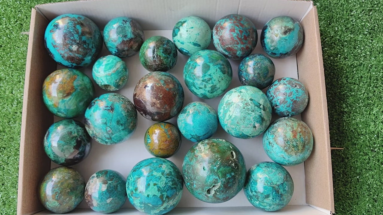 Load video: 23 pc chrysocolla spheres