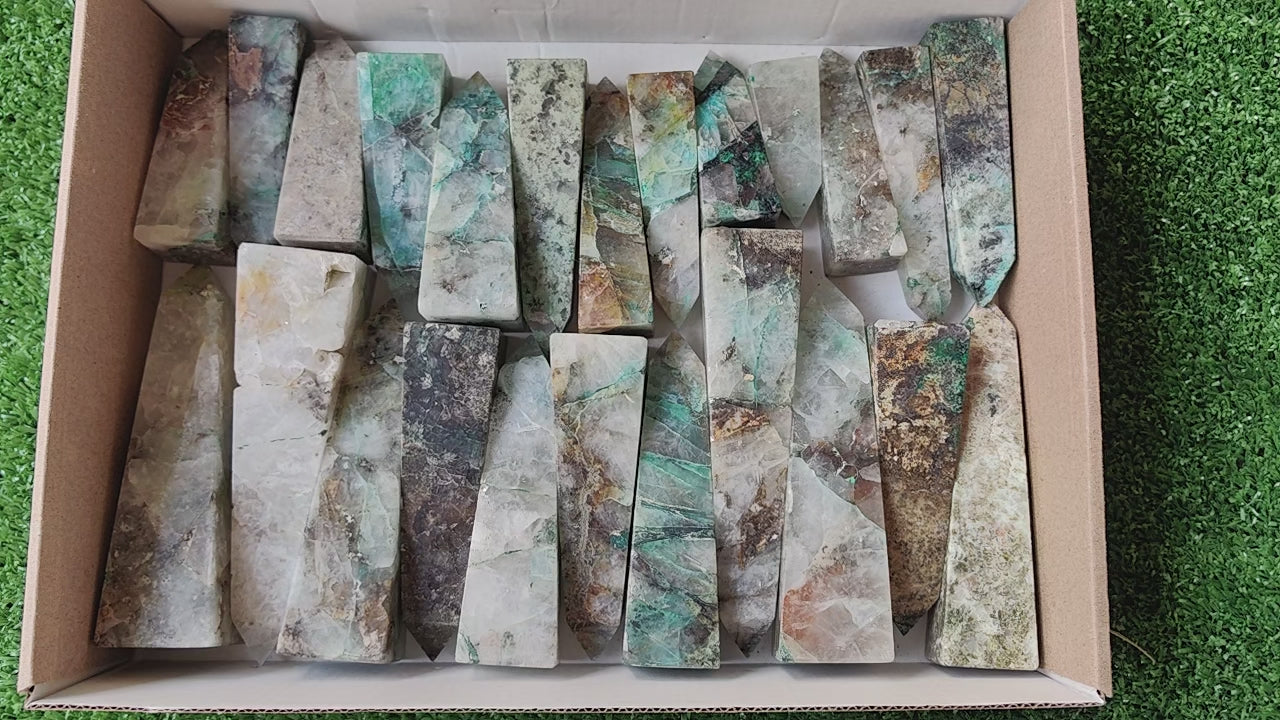 Load video: 23 pc chrysocolla quartz towers
