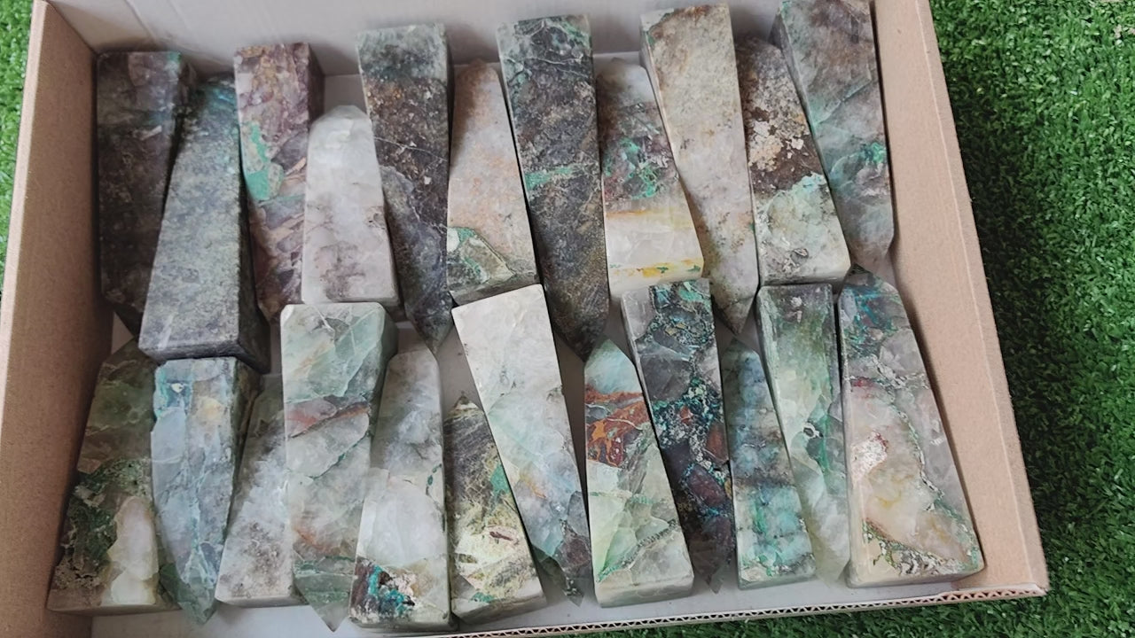 Load video: 23 pc chrysocolla quartz towers
