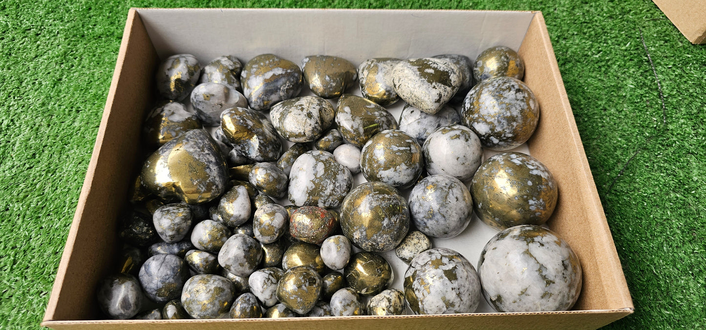 Lot 3.7 Kg Chalcopyrite Heart , Sphere and Tumbled
