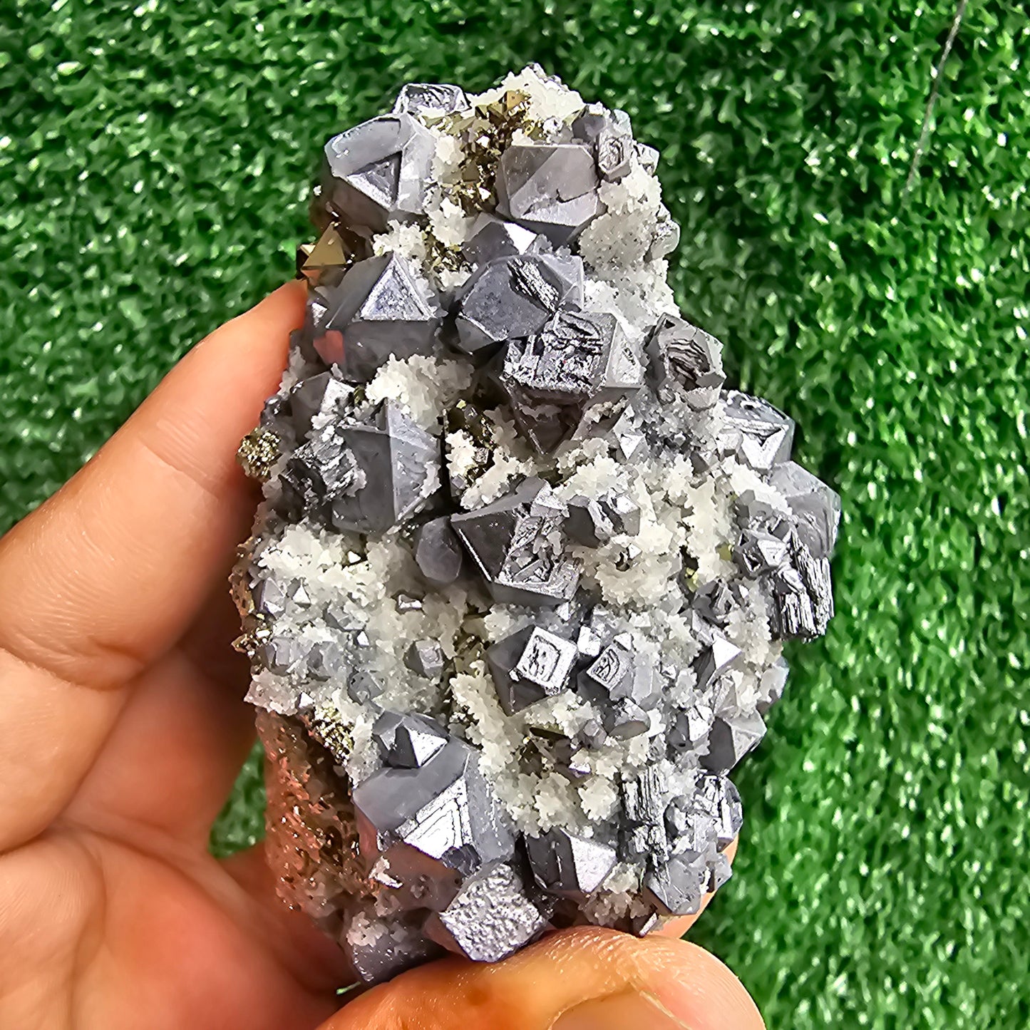 Galena Crystals on Octahedral Pyrite