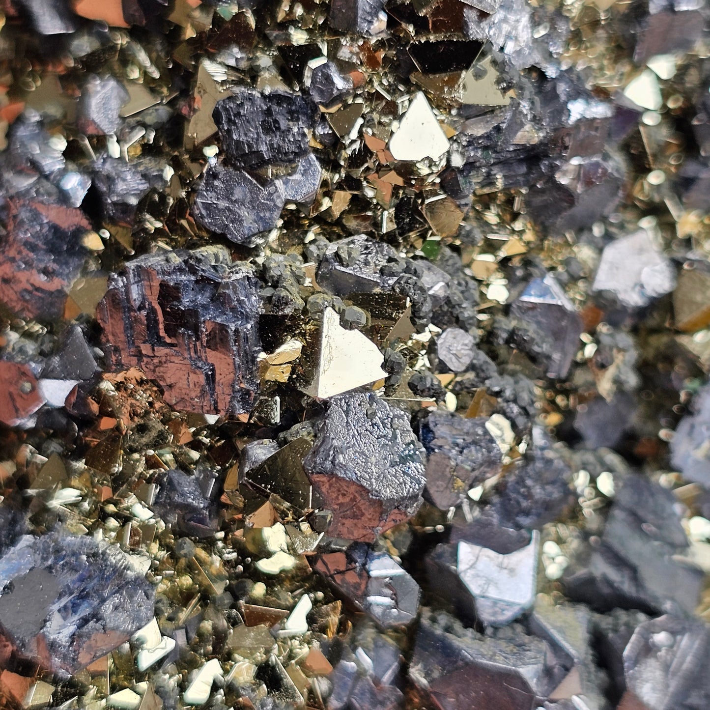 Galena Crystals on Octahedral Pyrite