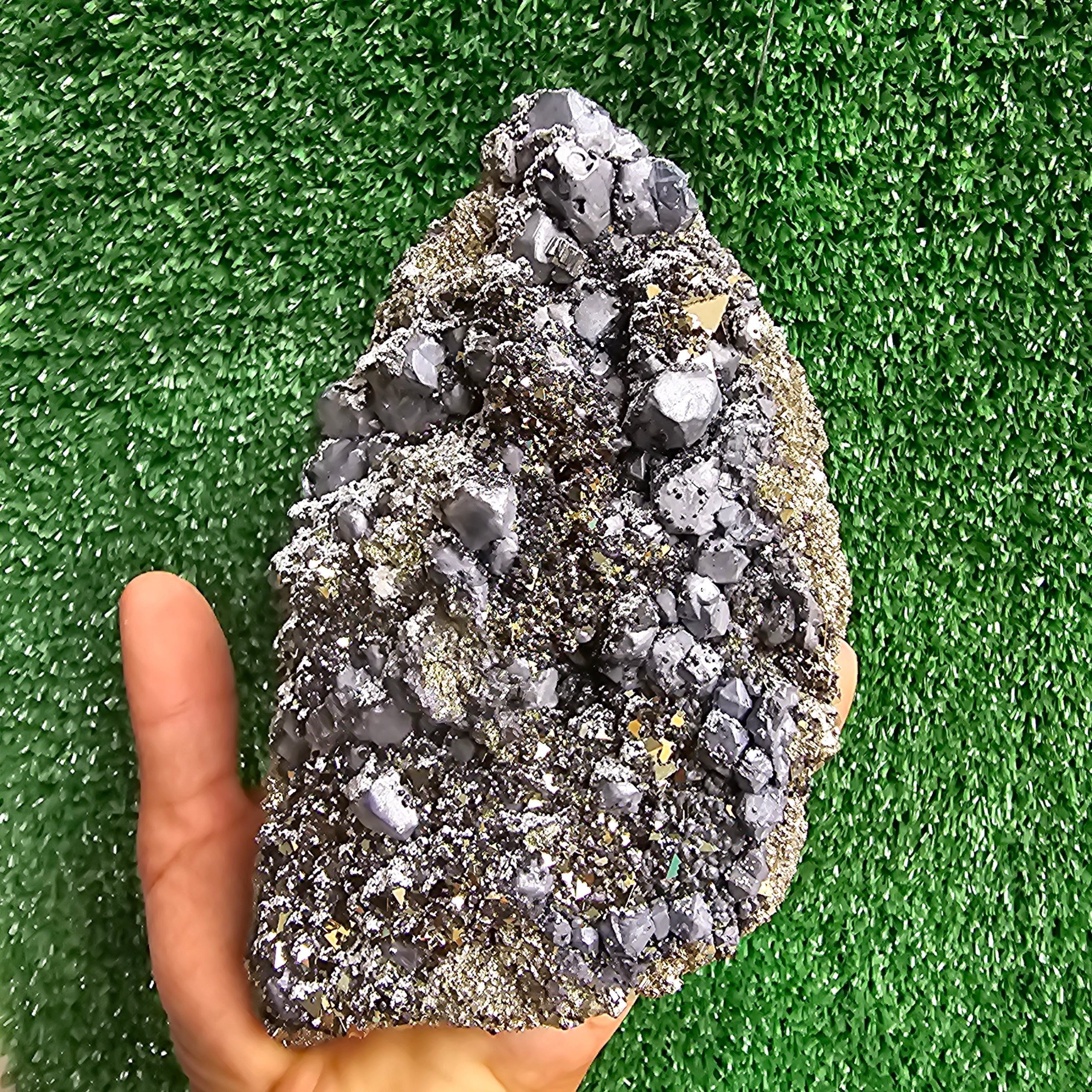 Galena Crystals on Octahedral Pyrite