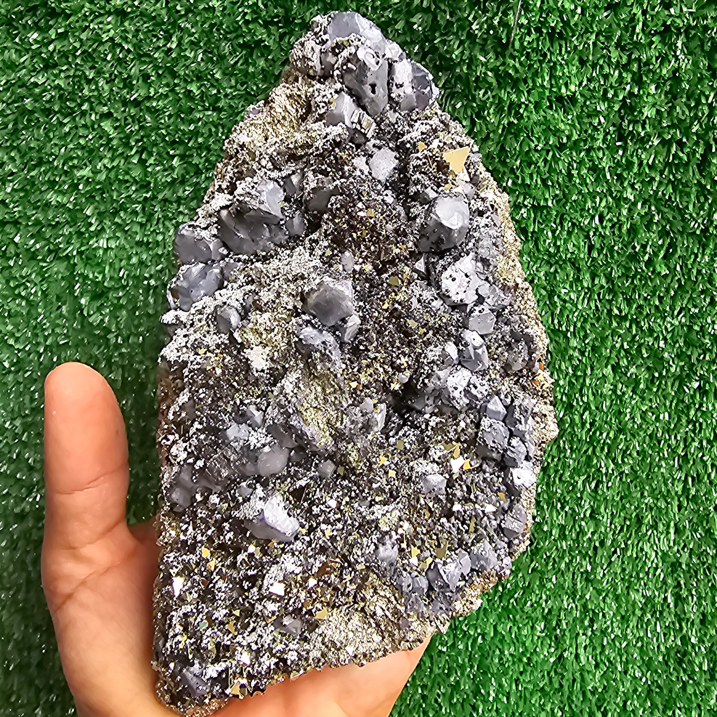 Galena Crystals on Octahedral Pyrite