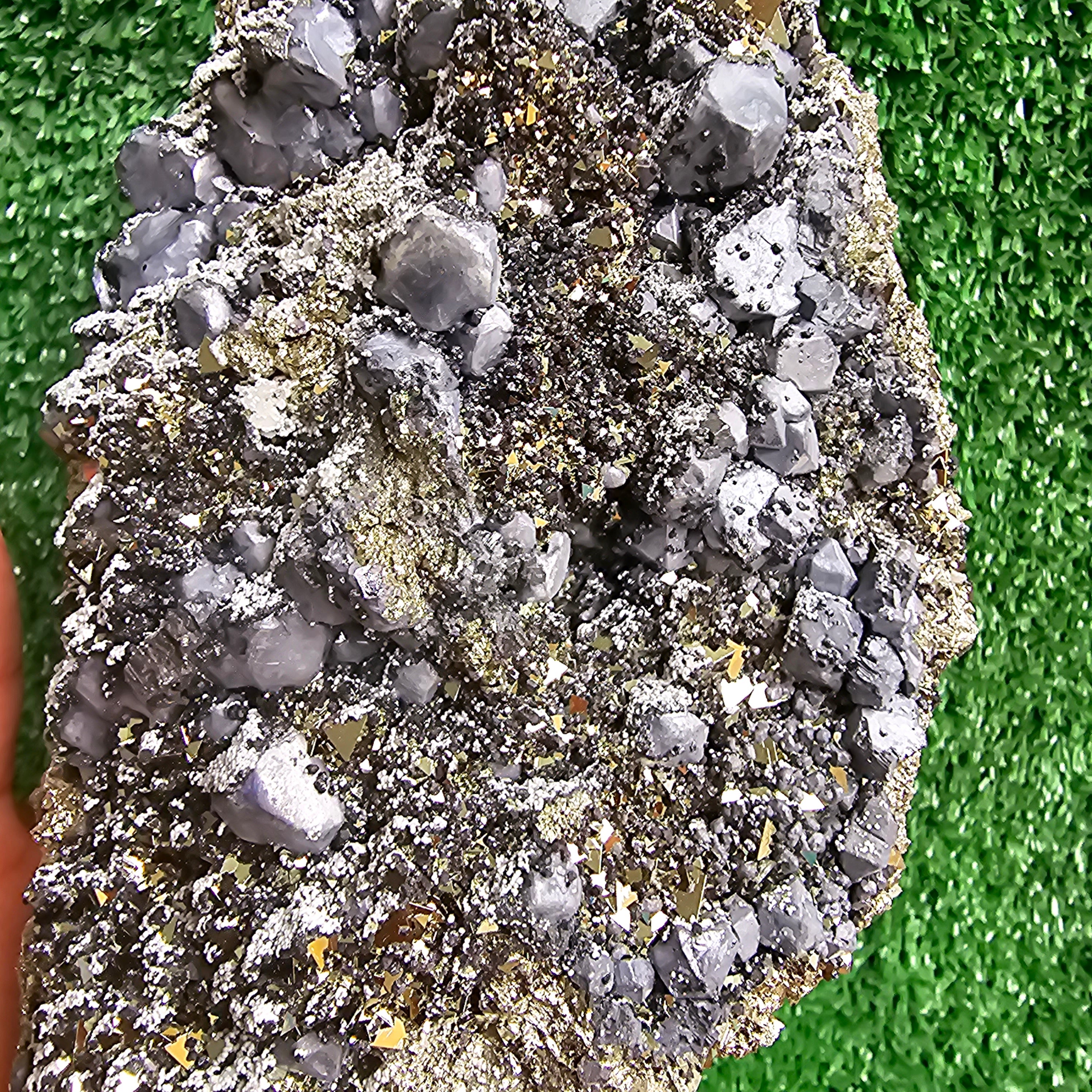 Galena Crystals on Octahedral Pyrite