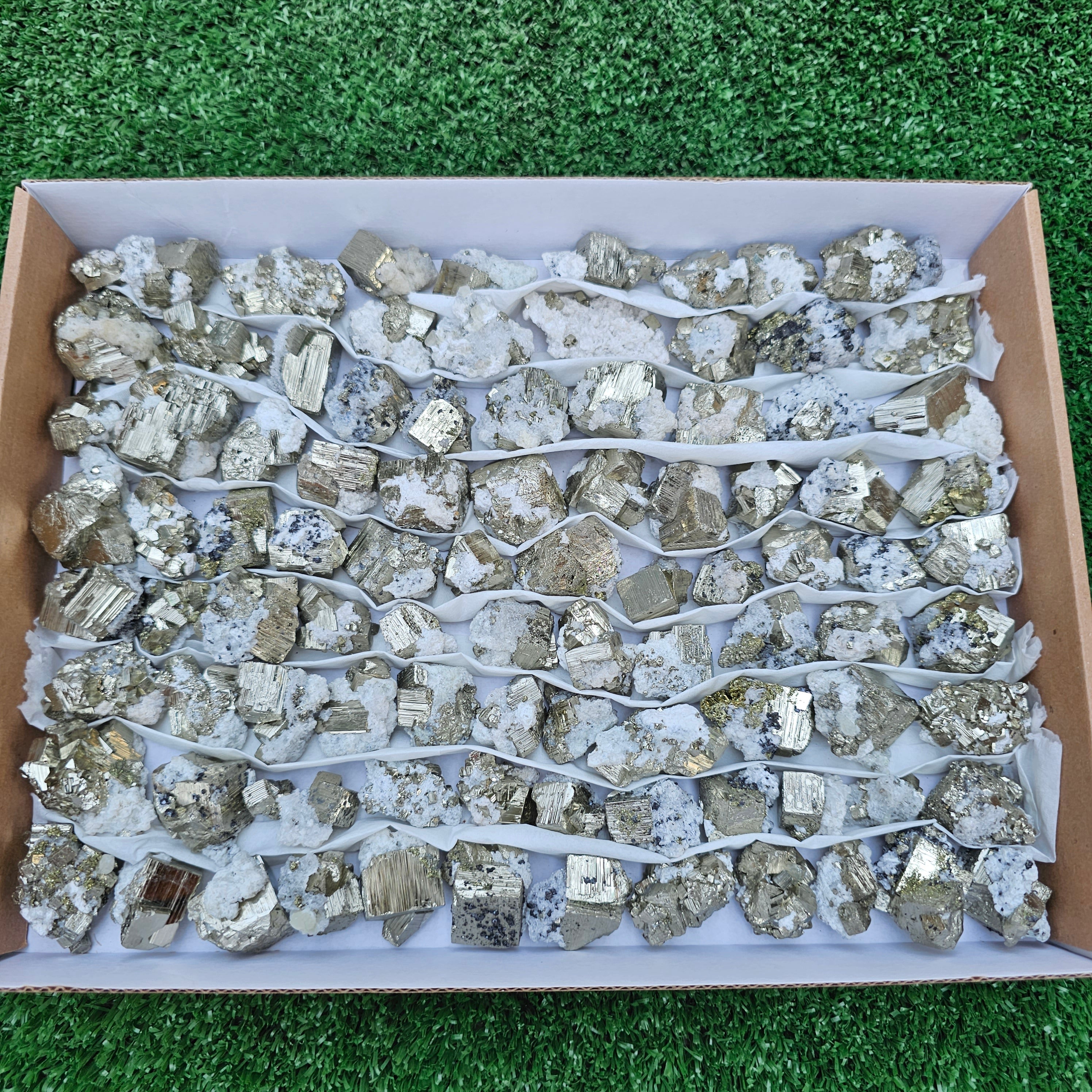 84 pc Box Pyrite Cubic with calcite flourecent