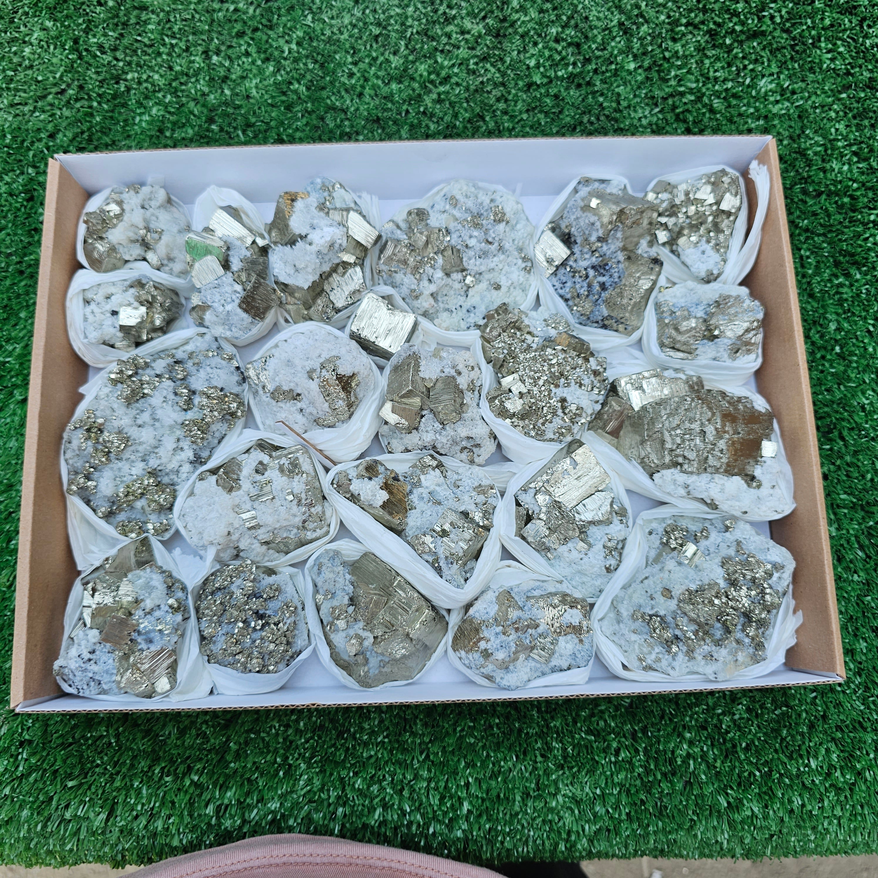 22 pc Box Pyrite Cubic with calcite flourecent