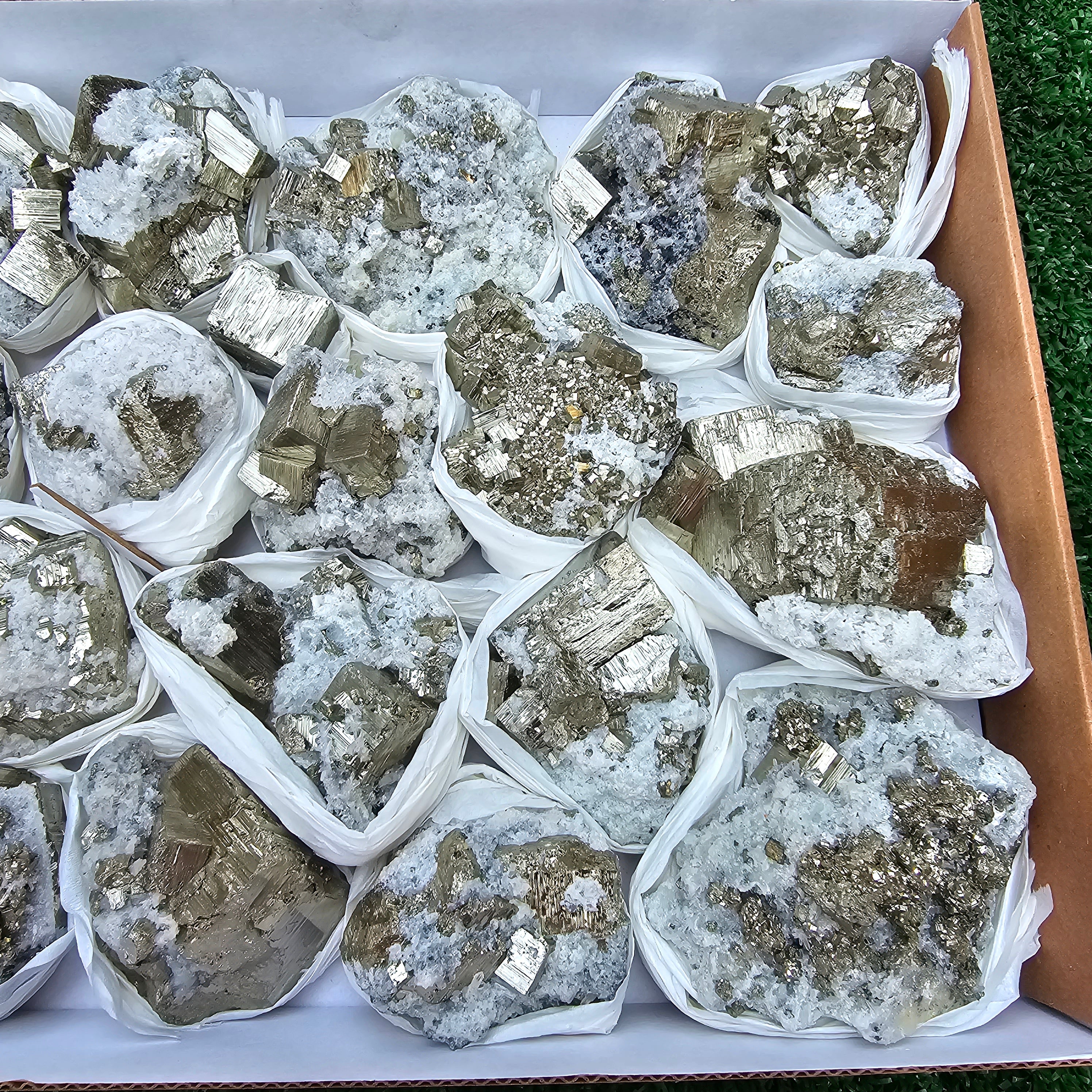 22 pc Box Pyrite Cubic with calcite flourecent