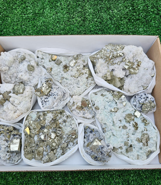 12 pc Pyrite Cubic with calcite flourecent