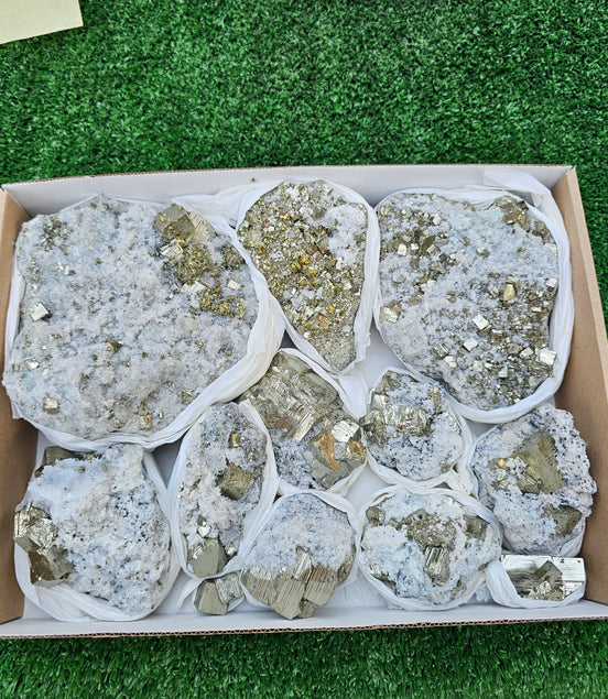 11 pc Pyrite Cubic with calcite flourecent