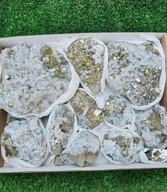 11 pc Pyrite Cubic with calcite flourecent