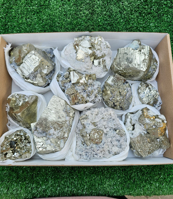 11 pc Pyrite Cubic with calcite flourecent