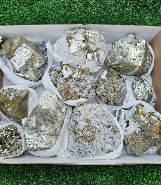11 pc Pyrite Cubic with calcite flourecent