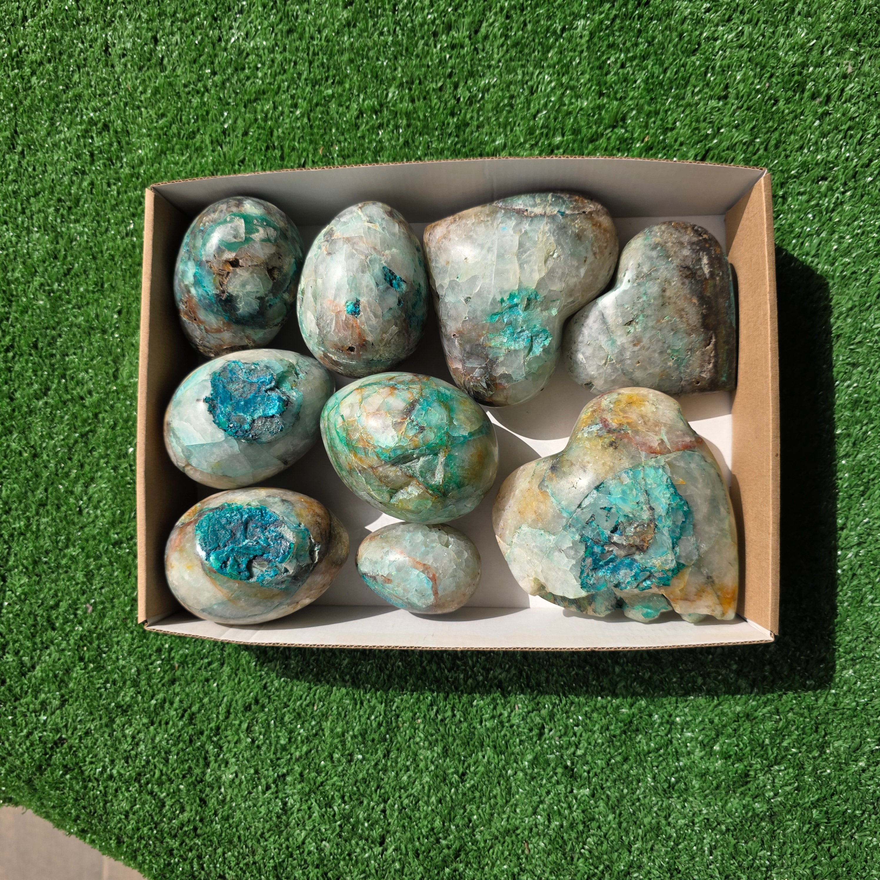 Lot 9 pcs Chrysocolla on Quartz Heart and Egg