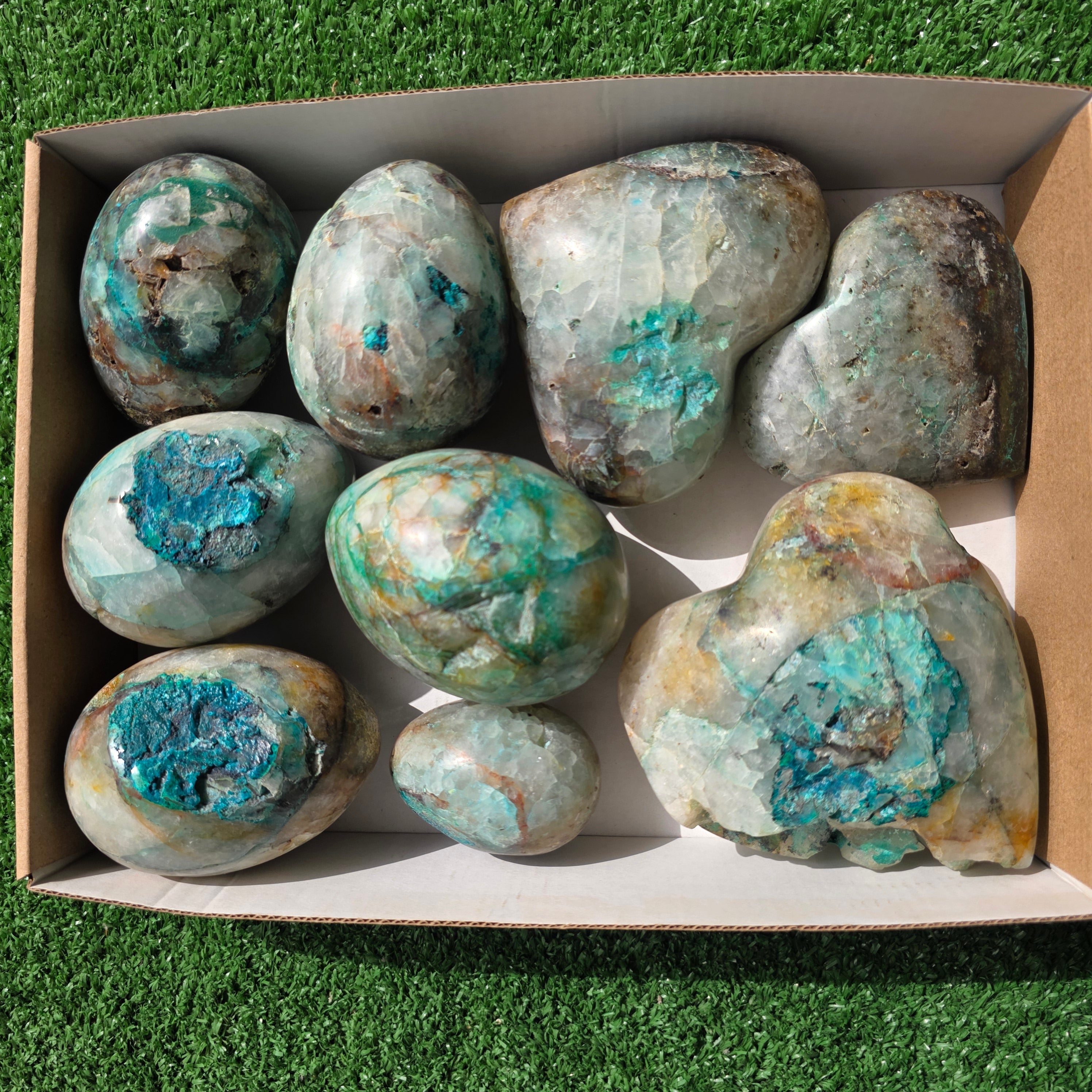 Lot 9 pcs Chrysocolla on Quartz Heart and Egg
