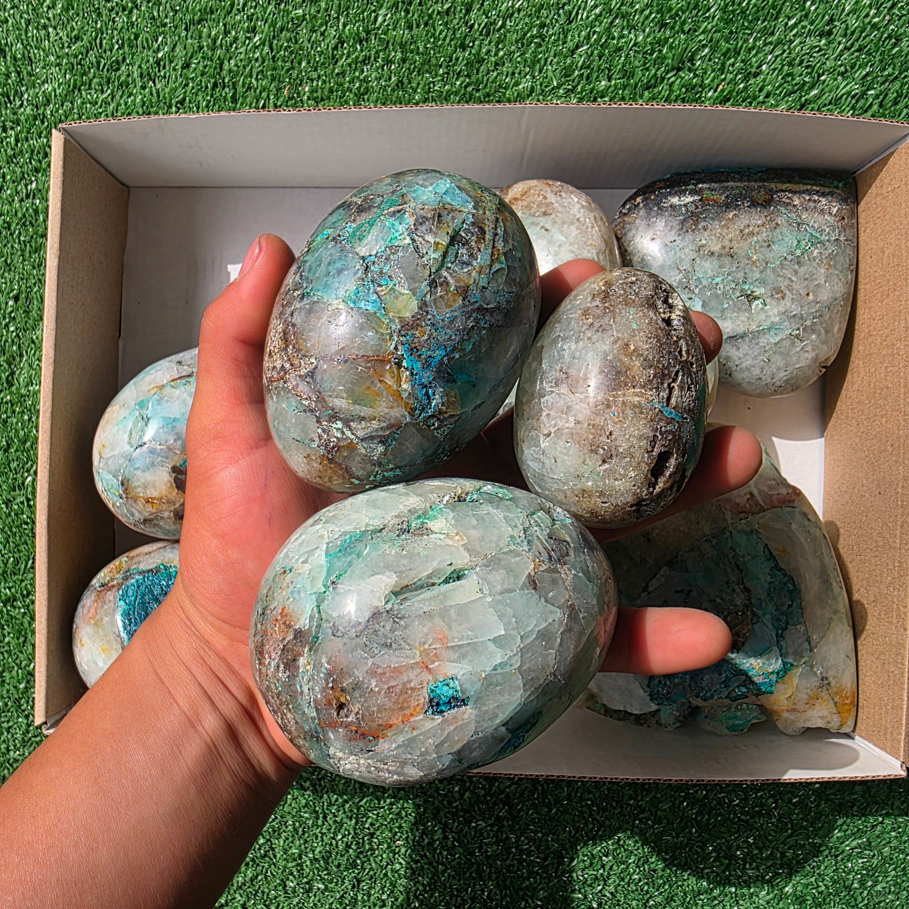 Lot 9 pcs Chrysocolla on Quartz Heart and Egg