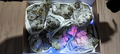 Lot 7 pieces calcite fluorescent chalcopyrite and pyrite