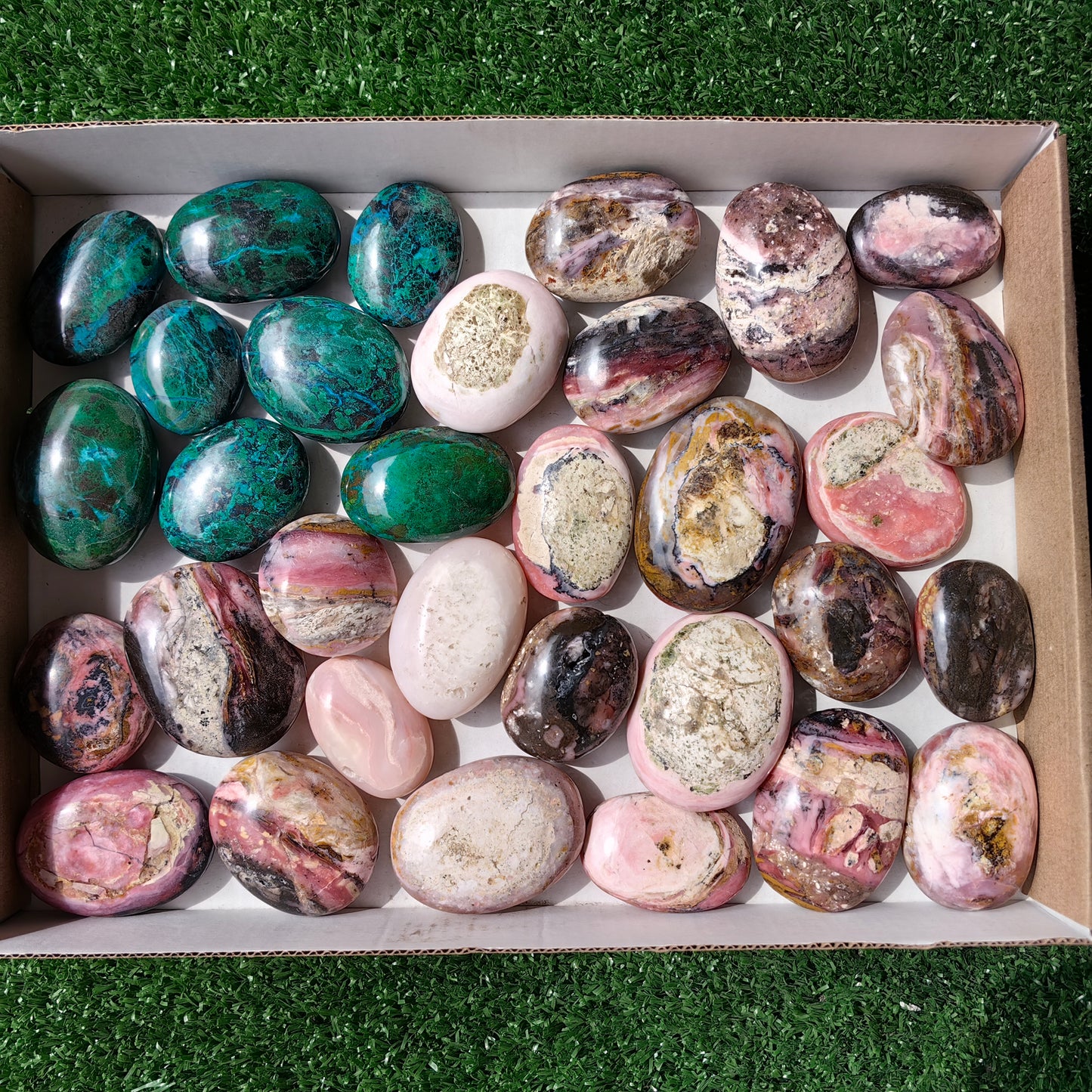 32 pc pink opal & chrysocolla palms