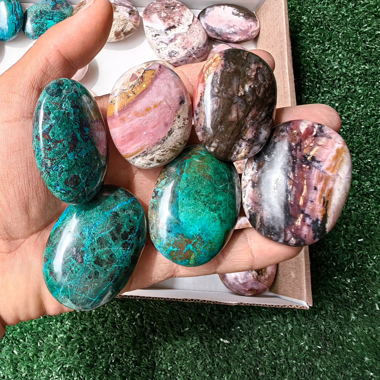 32 pc pink opal & chrysocolla palms