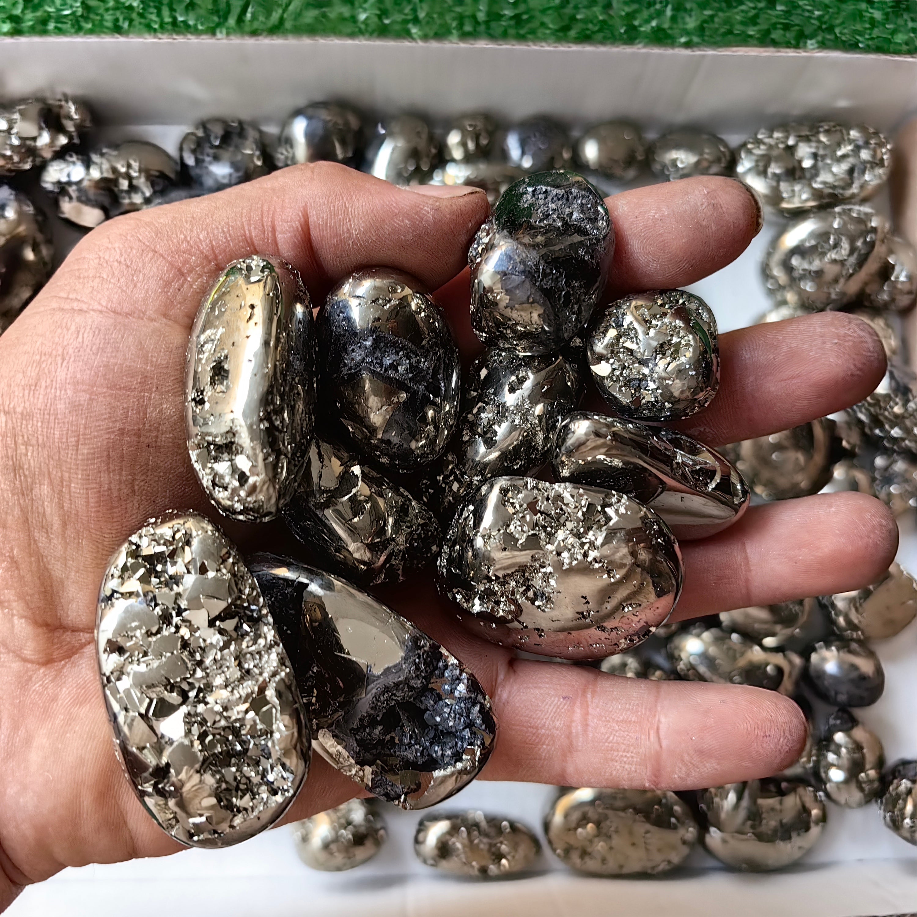 82 pc pyrite tumbled with octactahedral & sphalerite drusy