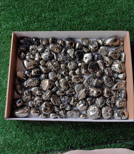 109 pc pyrite tumbled with octactahedral & sphalerite drusy