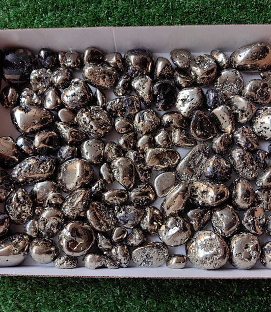 109 pc pyrite tumbled with octactahedral & sphalerite drusy