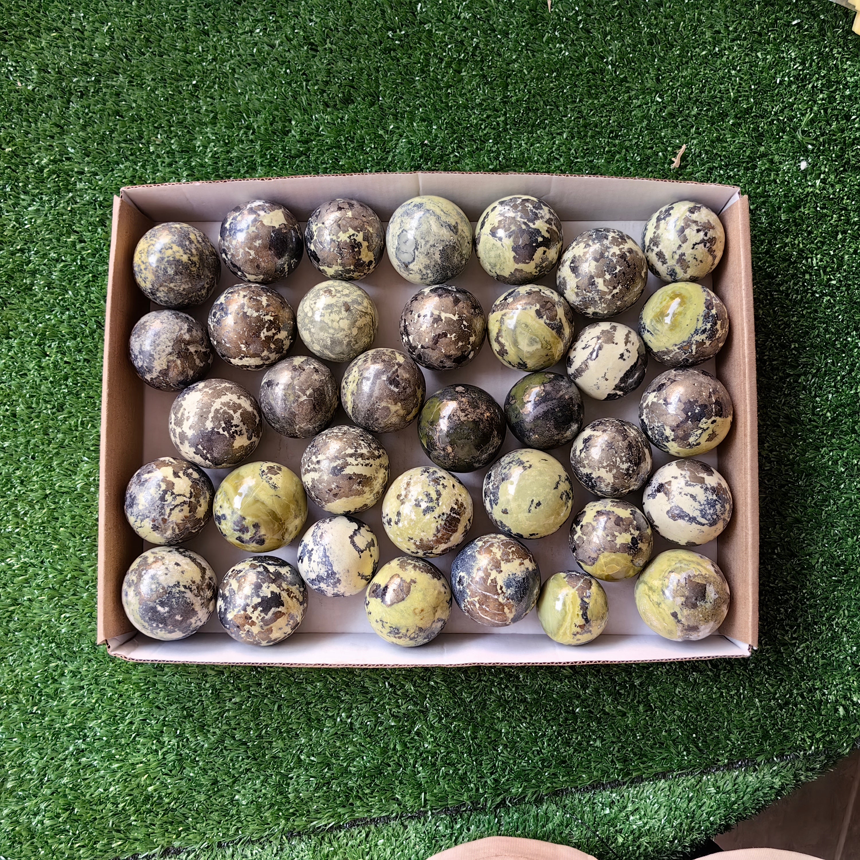 36 pc green serpentine with pyrite spheres