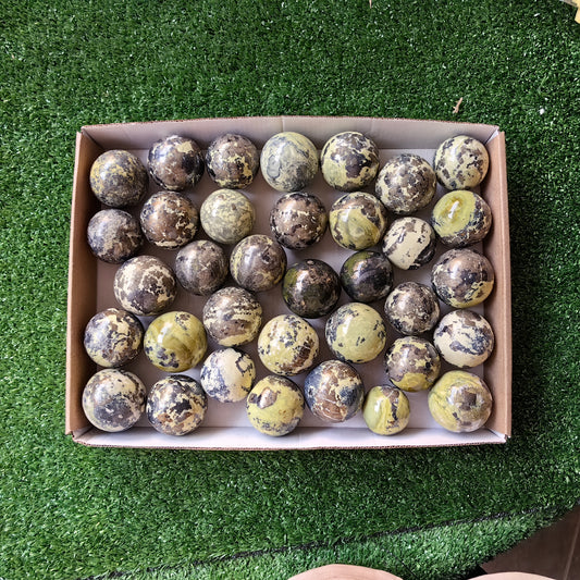 36 pc green serpentine with pyrite spheres