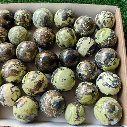 36 pc green serpentine with pyrite spheres
