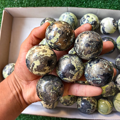 36 pc green serpentine with pyrite spheres