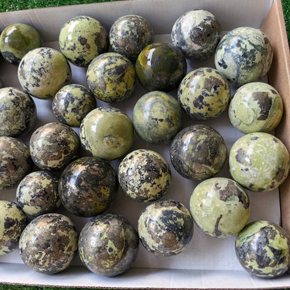 32 pc green serpentine with pyrite spheres