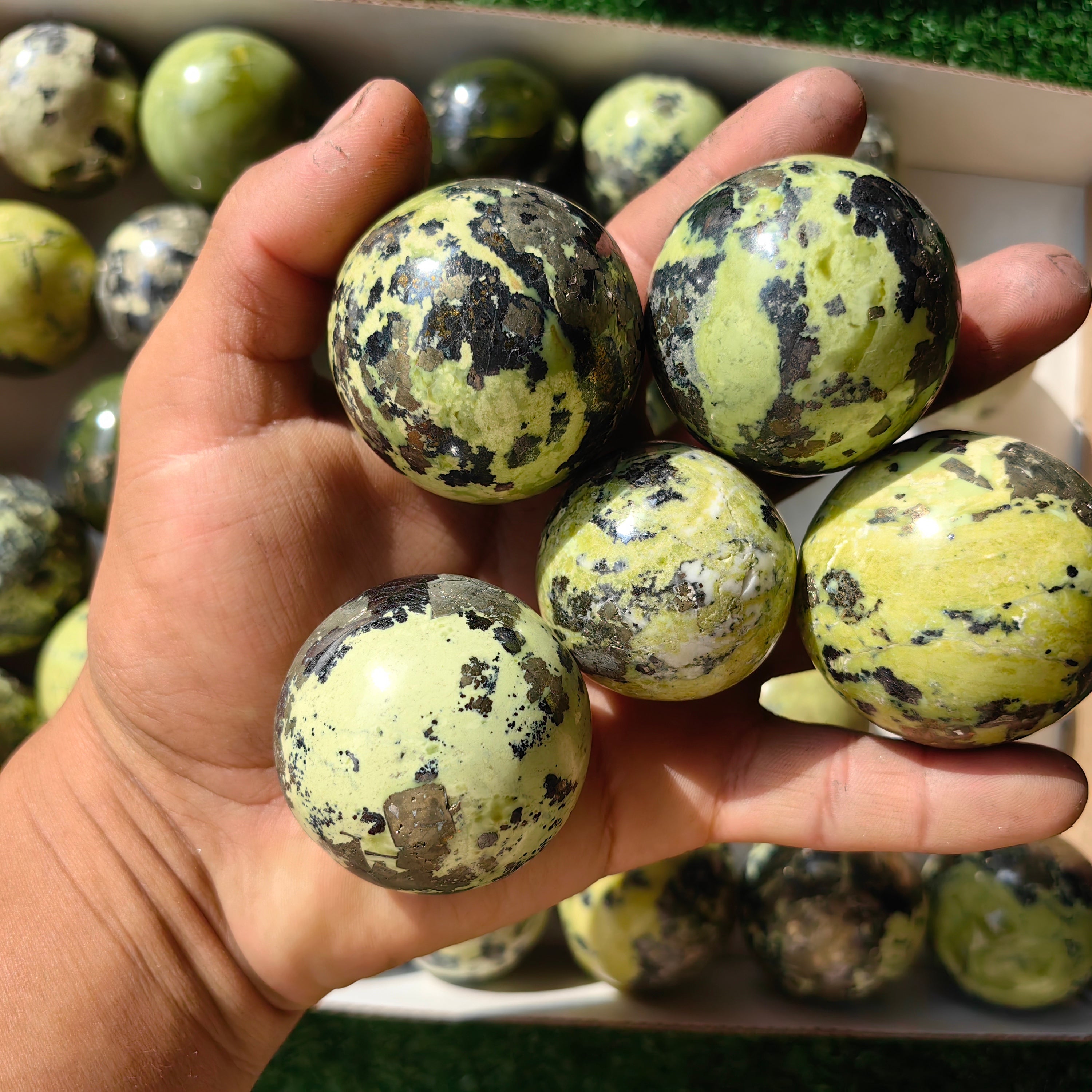 35 pc green serpentine with pyrite spheres