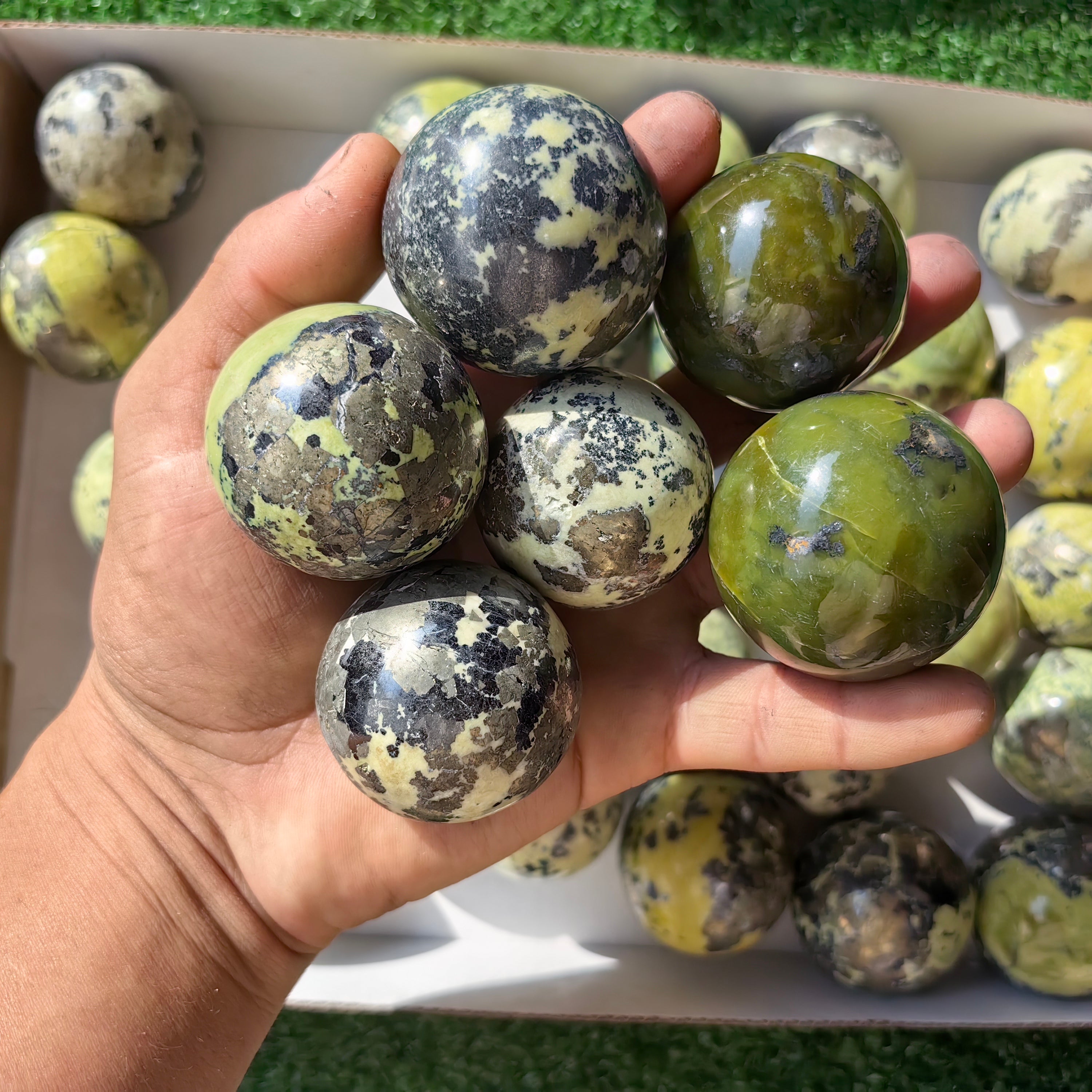 35 pc green serpentine with pyrite spheres
