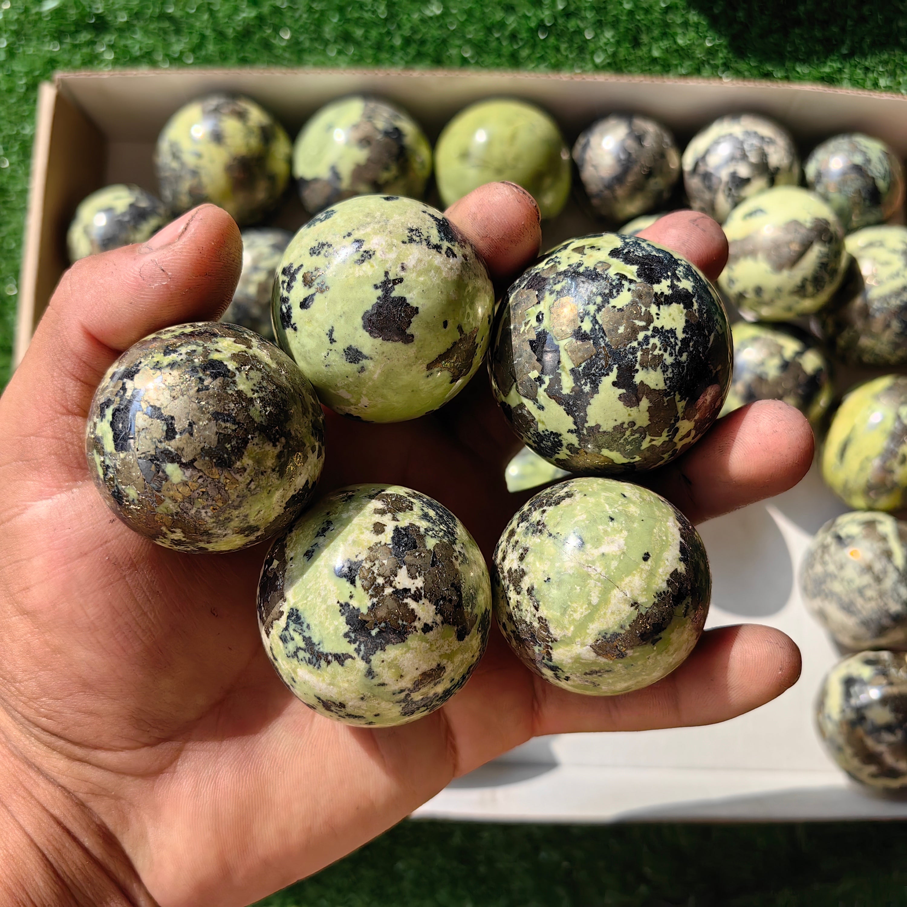 35 pc green serpentine with pyrite spheres