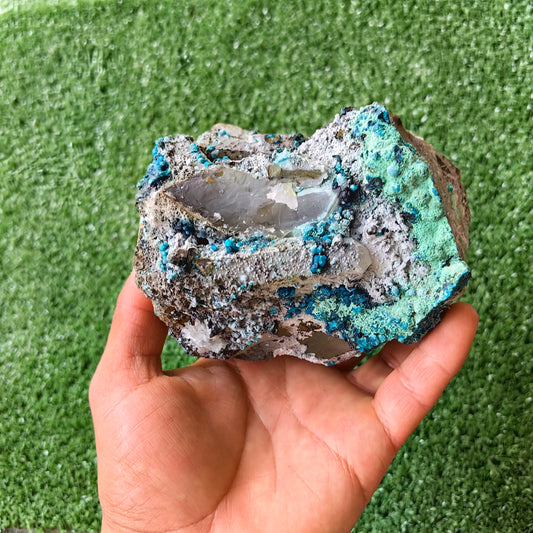 Chrysocolla on Quartz from mine tentadora