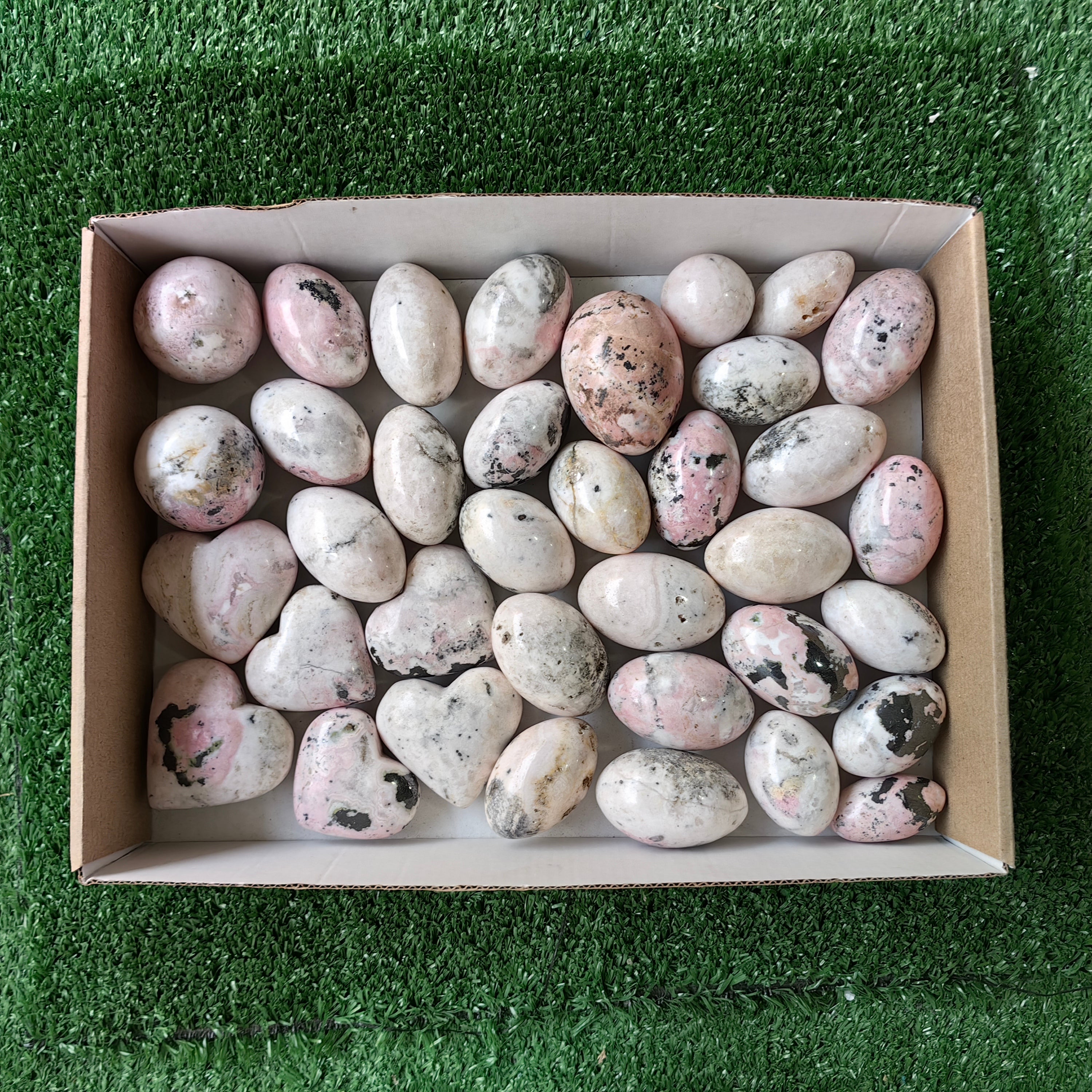 35 pc rhodonite with calcite spheres, shiva & hearts