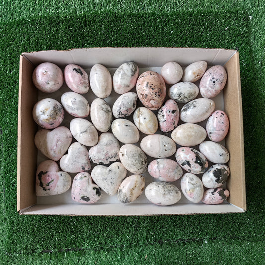 35 pc rhodonite with calcite spheres, shiva & hearts