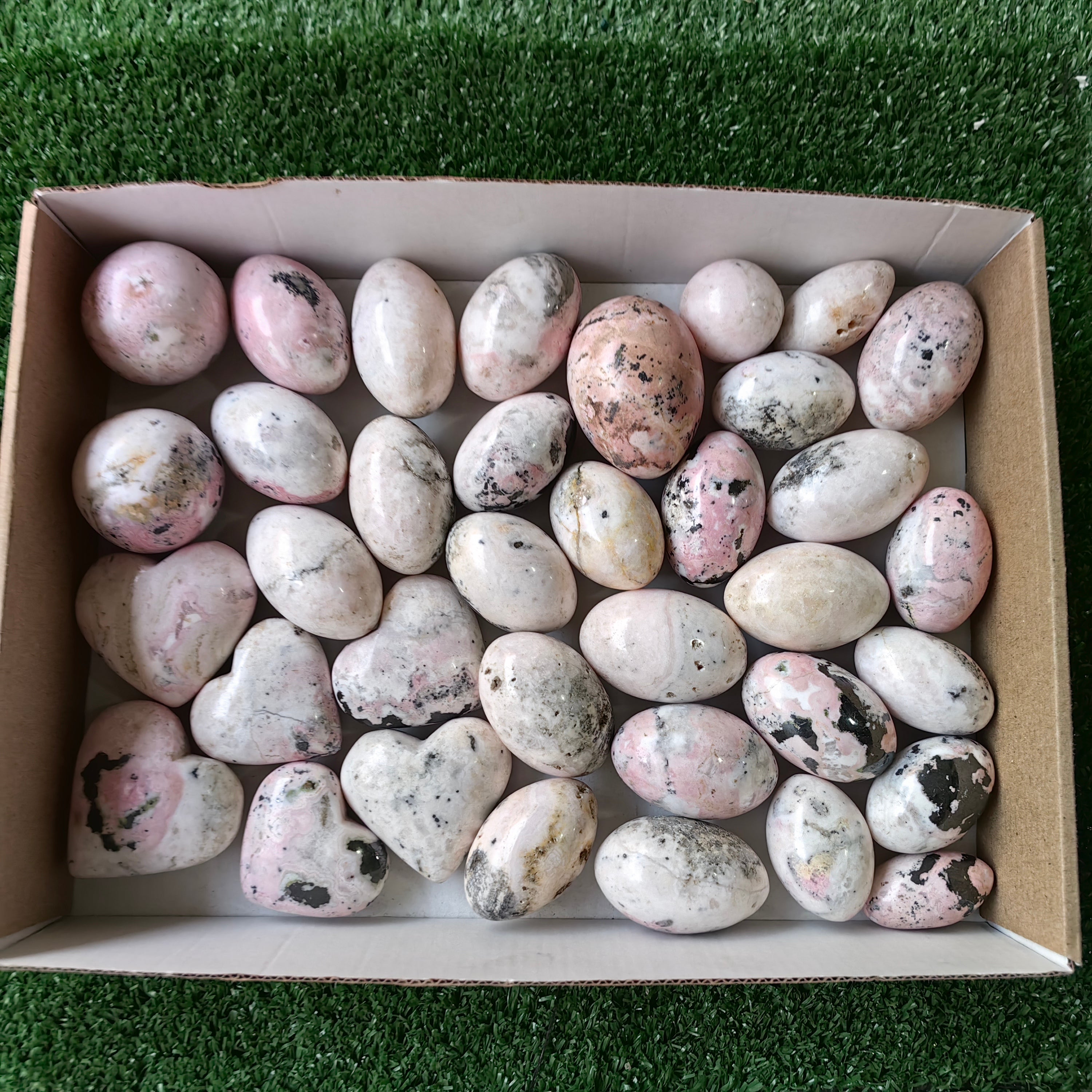 35 pc rhodonite with calcite spheres, shiva & hearts