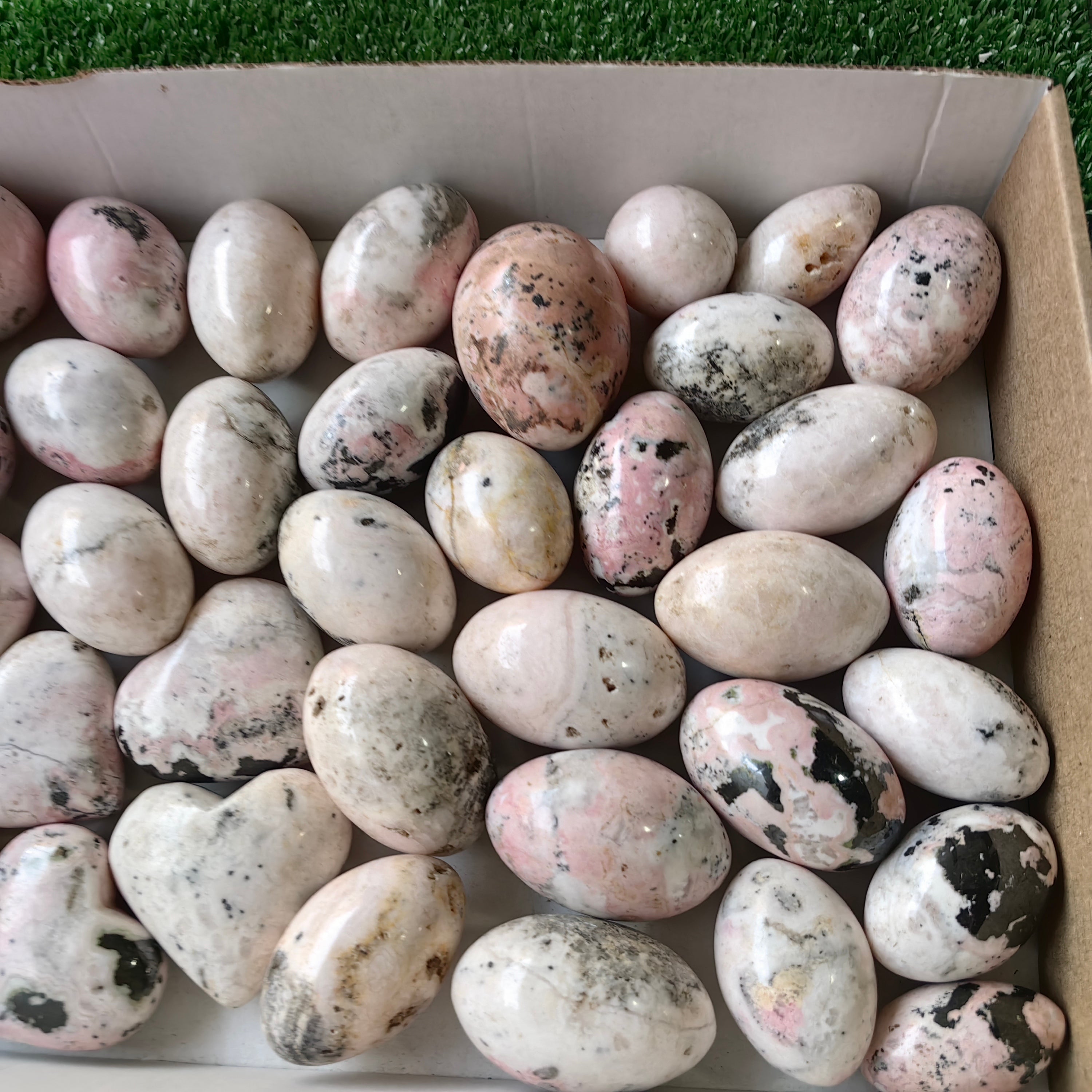 35 pc rhodonite with calcite spheres, shiva & hearts