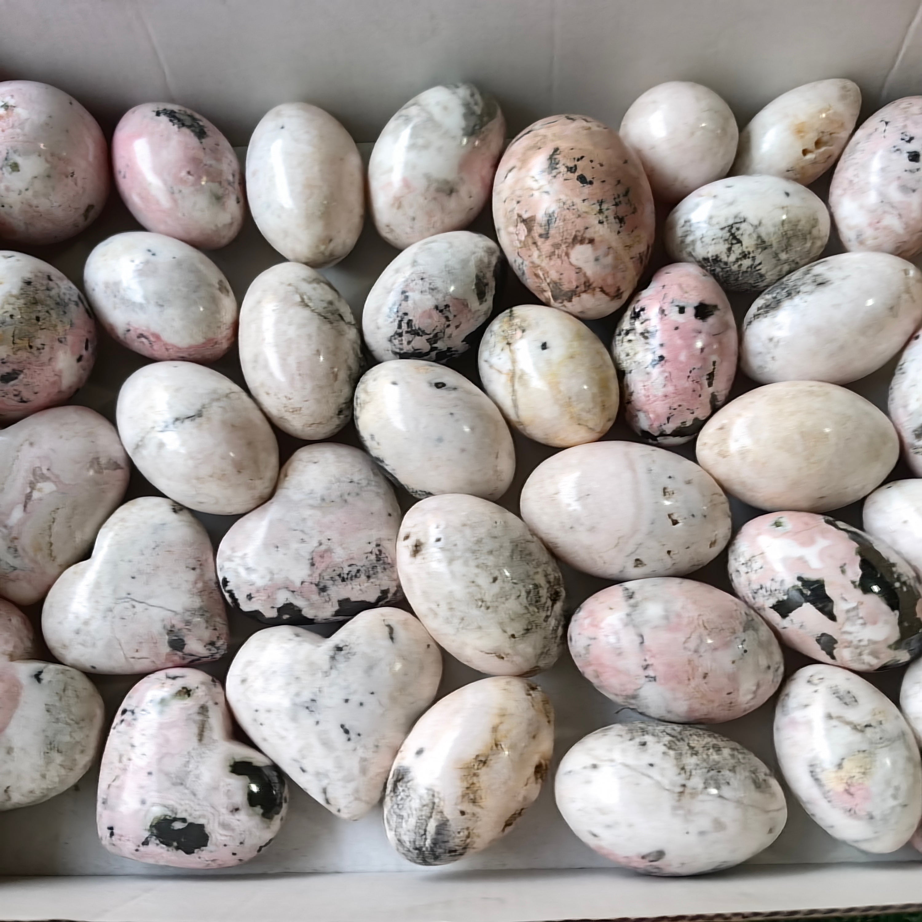 35 pc rhodonite with calcite spheres, shiva & hearts