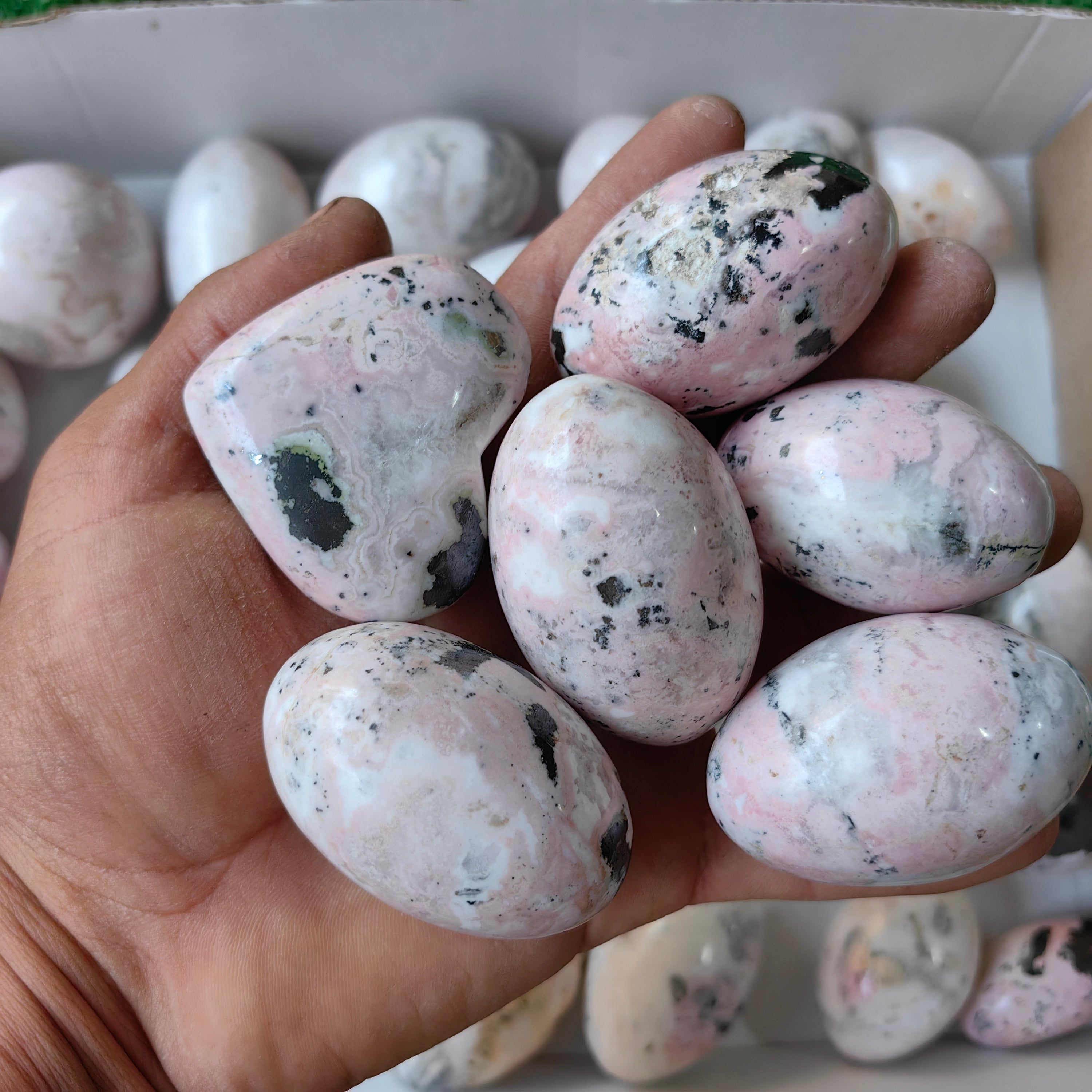 35 pc rhodonite with calcite spheres, shiva & hearts