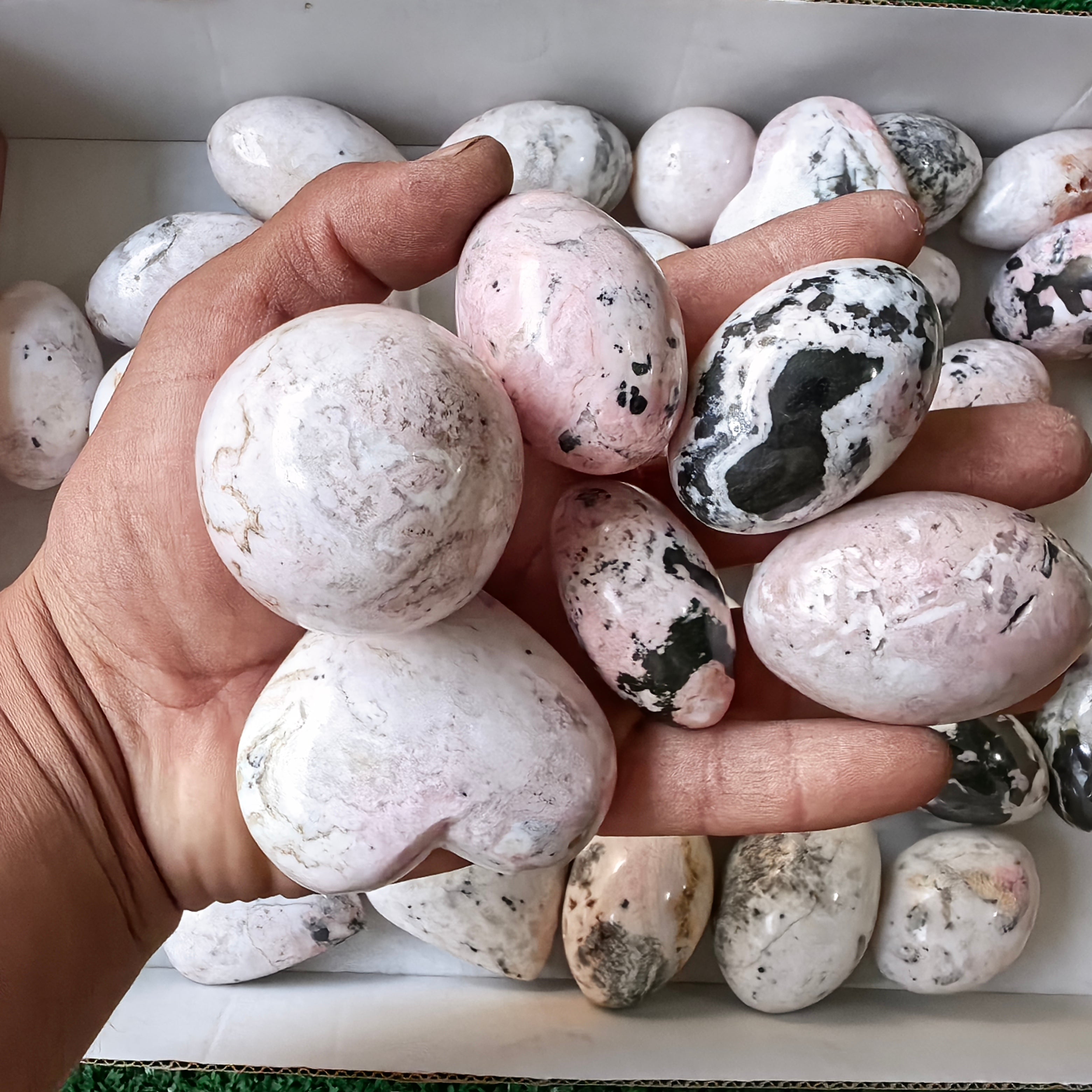 35 pc rhodonite with calcite spheres, shiva & hearts