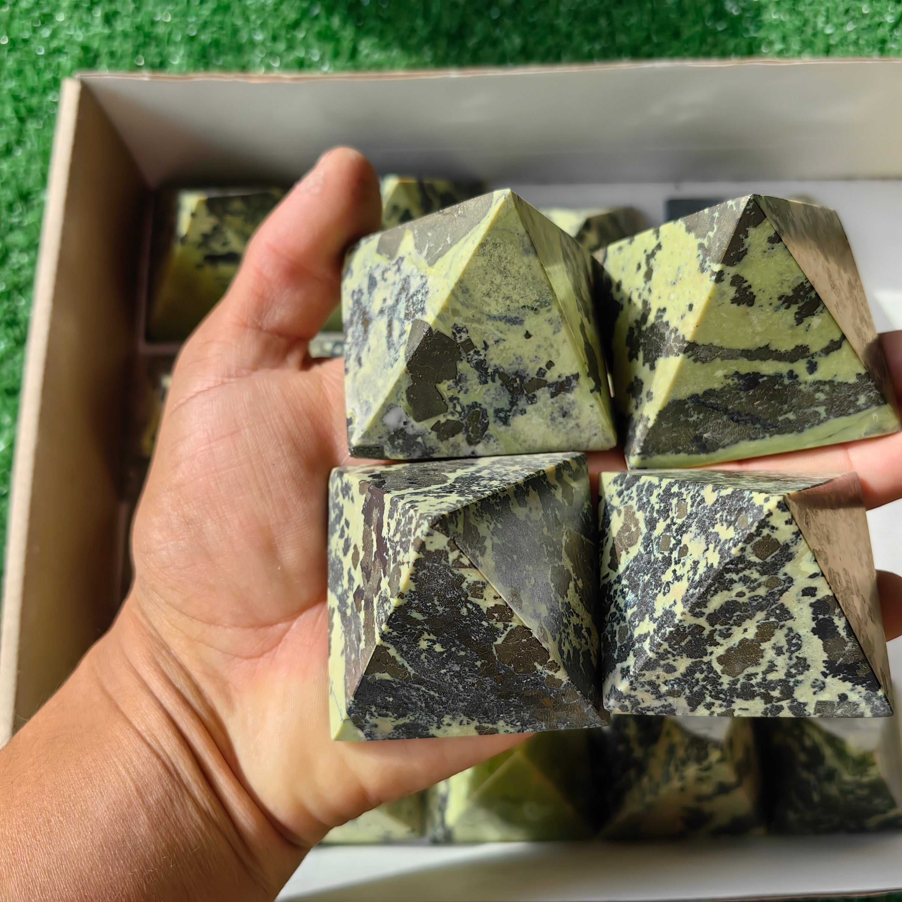22 pc green serpentine with pyrite pyramids