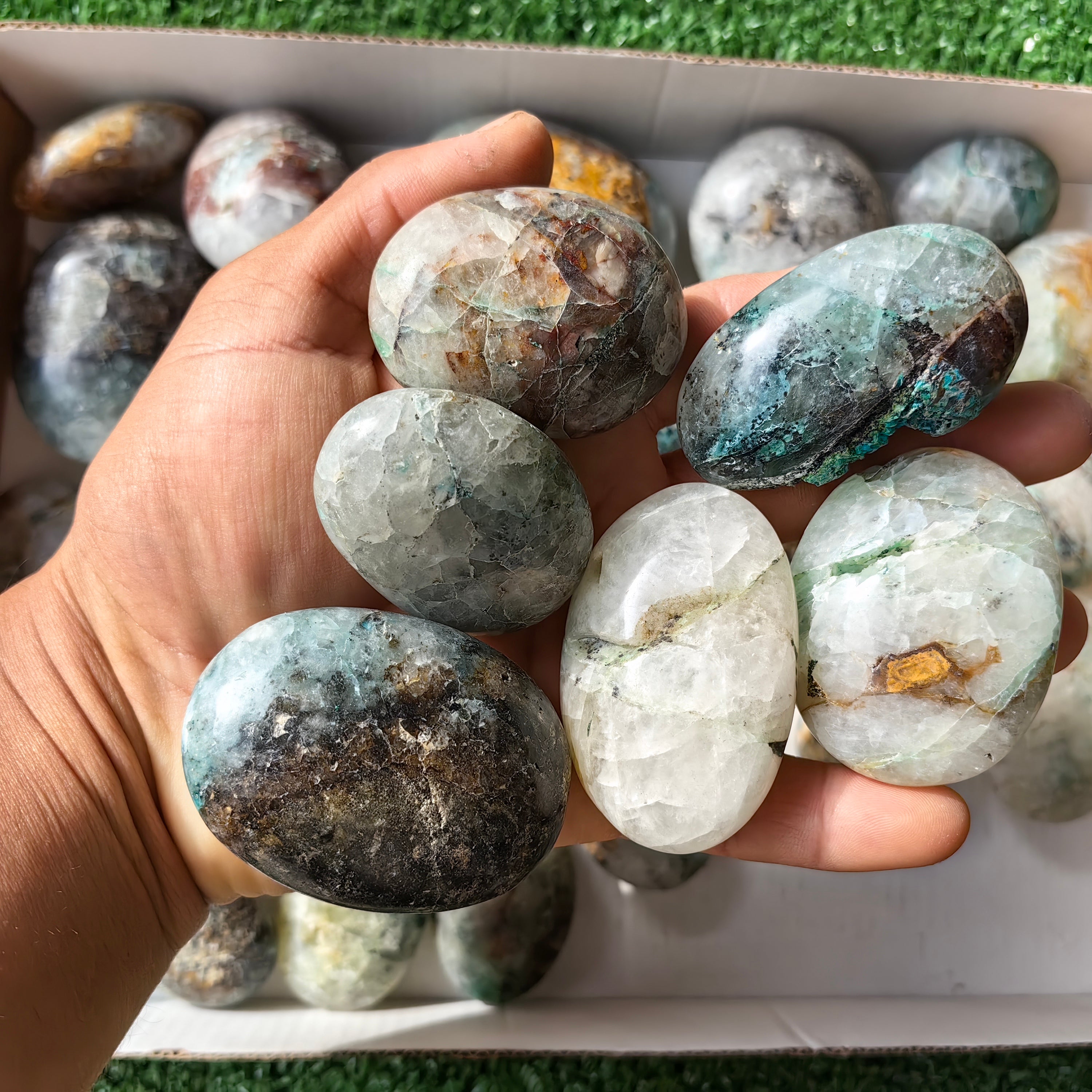 33 pc chrysocolla on quartz palms