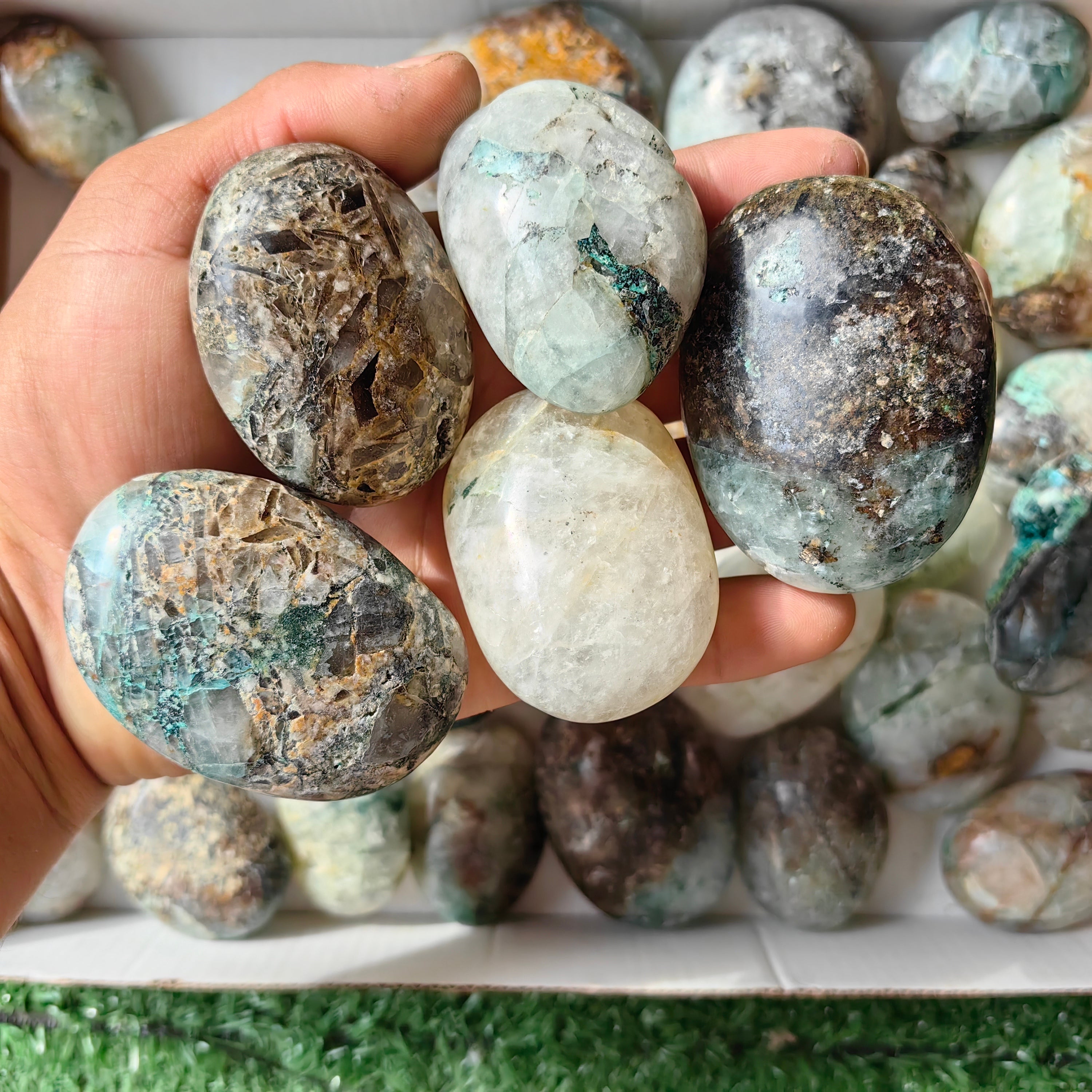 33 pc chrysocolla on quartz palms