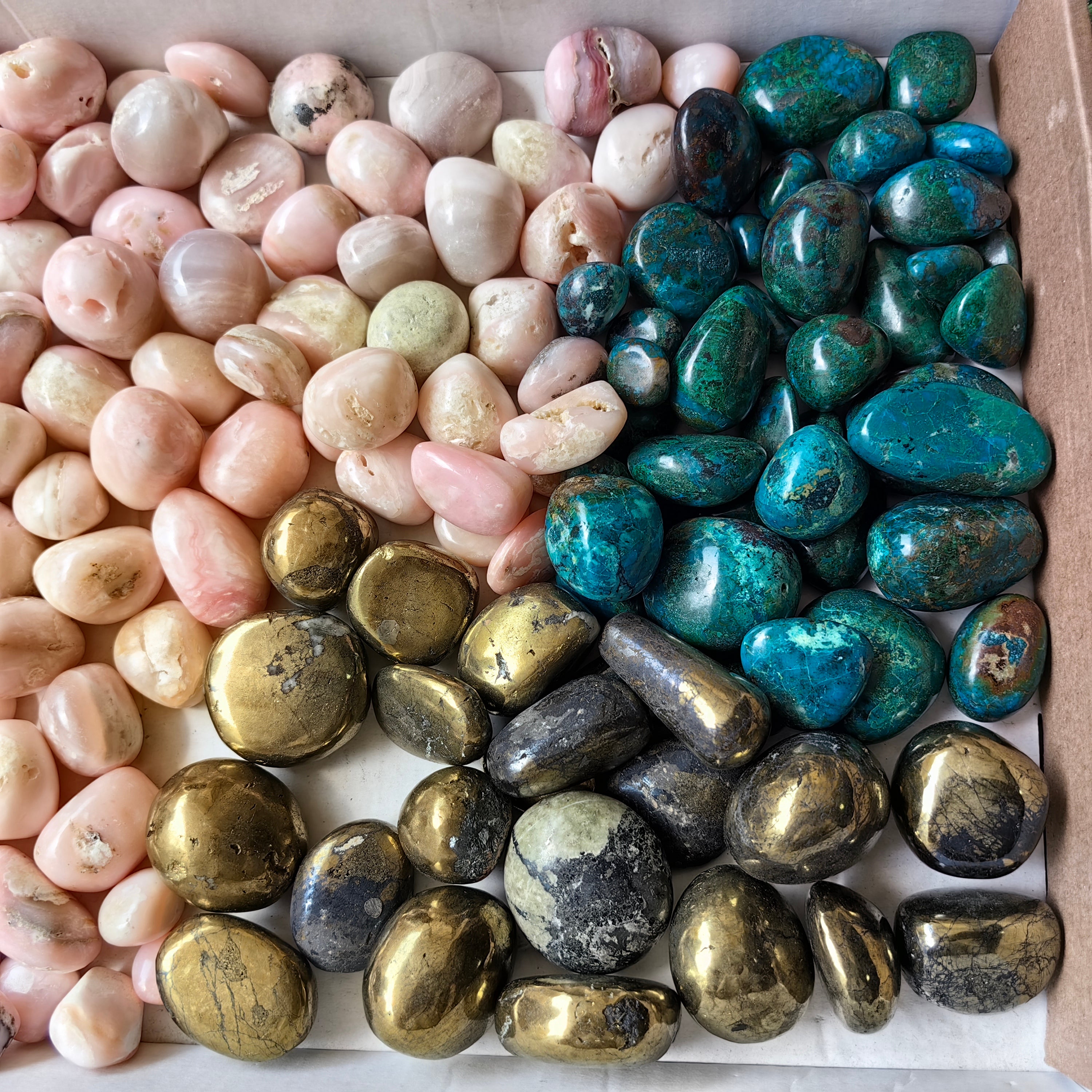 2 kg tumbled mixted pink opal chrysocolla and chalcopyrite