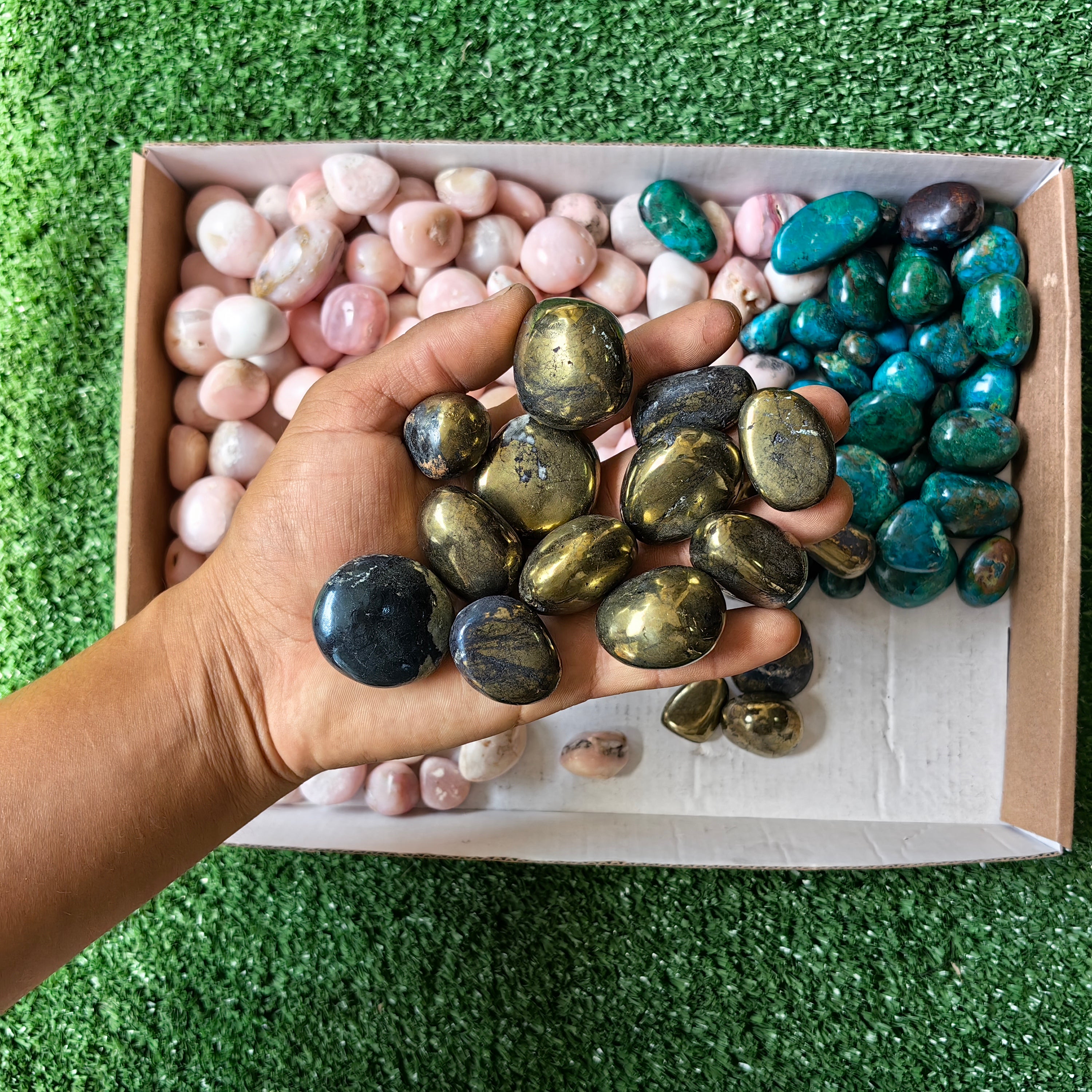 2 kg tumbled mixted pink opal chrysocolla and chalcopyrite