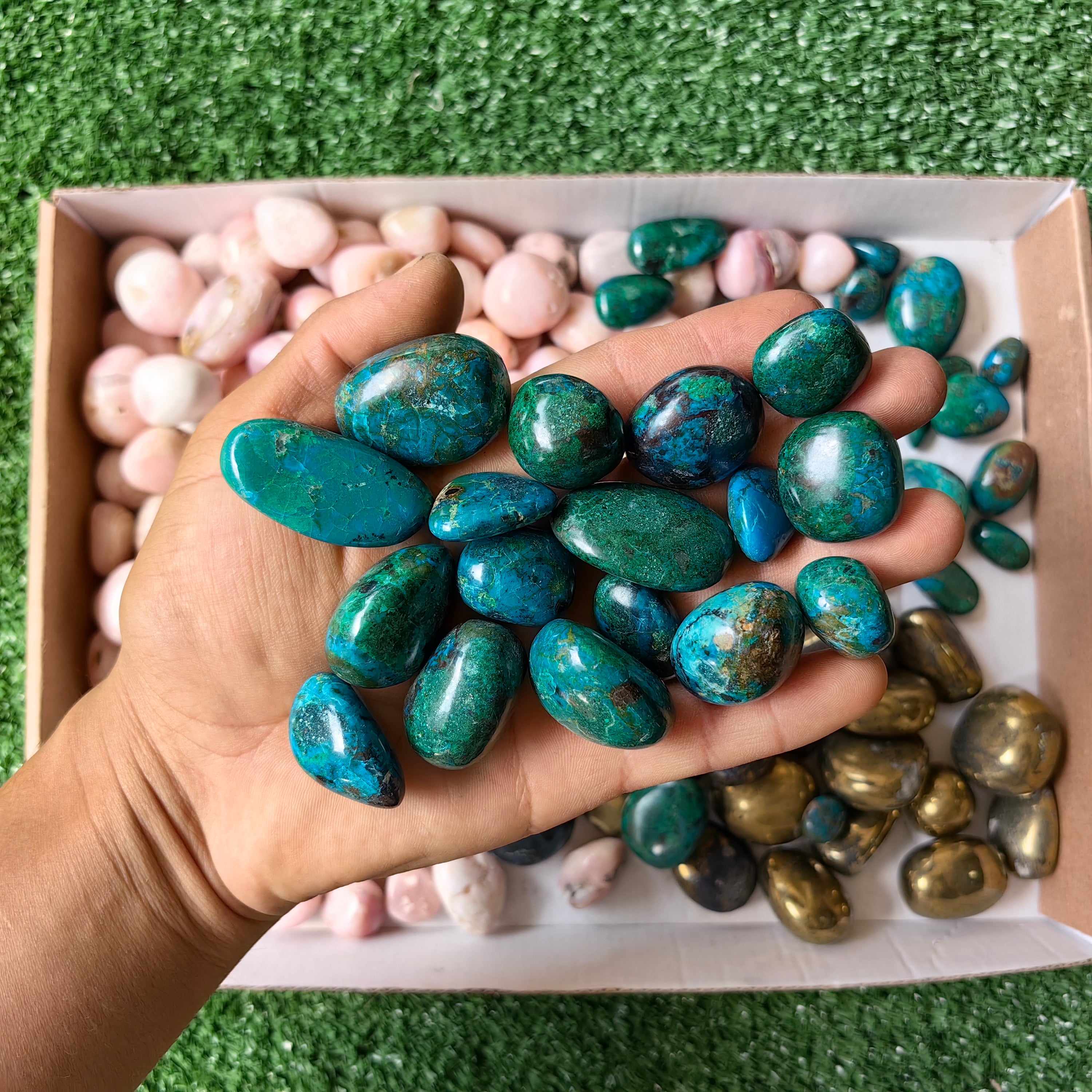 2 kg tumbled mixted pink opal chrysocolla and chalcopyrite