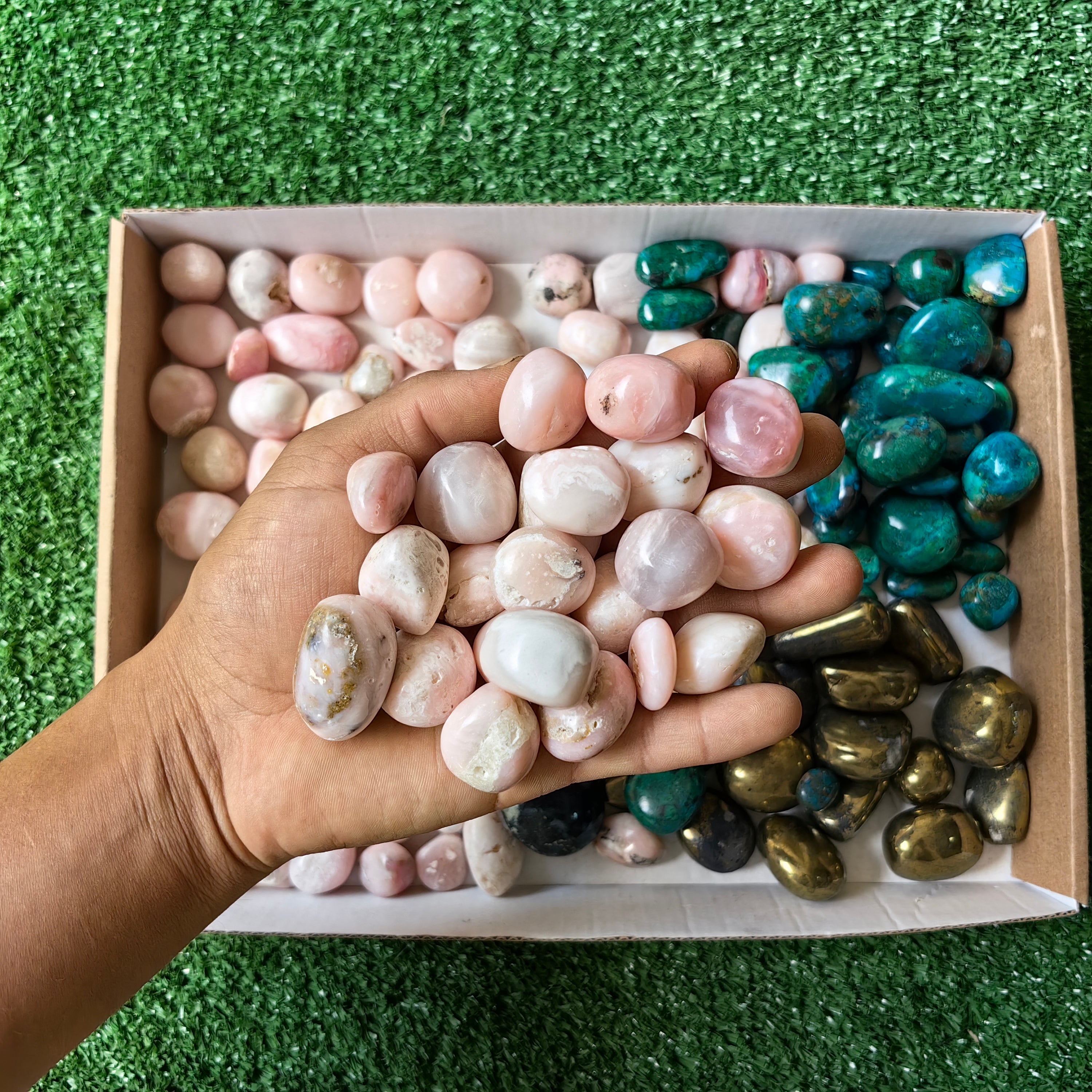 2 kg tumbled mixted pink opal chrysocolla and chalcopyrite