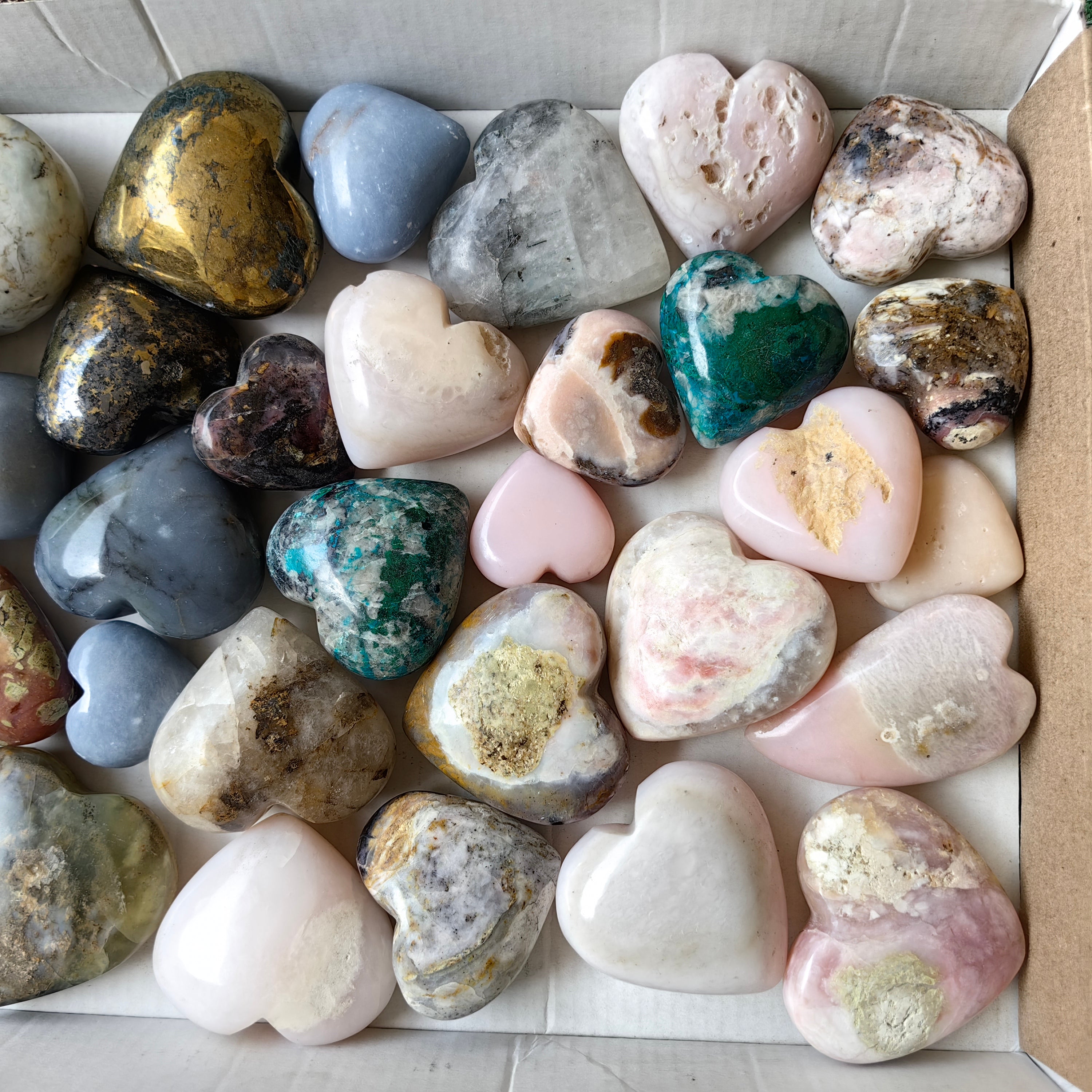 31 pc hearts of blue opal pink opal chalcopyrite chrysocolla angelite